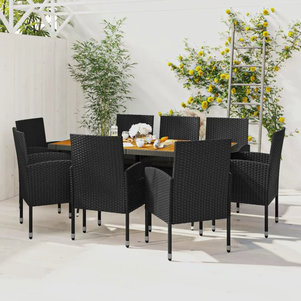 Juego de comedor de jardín con marco de acero y tablero de madera de acacia, juego de comedor para exteriores de ratán sintético con sillas ergonómicas de jardín en color negro