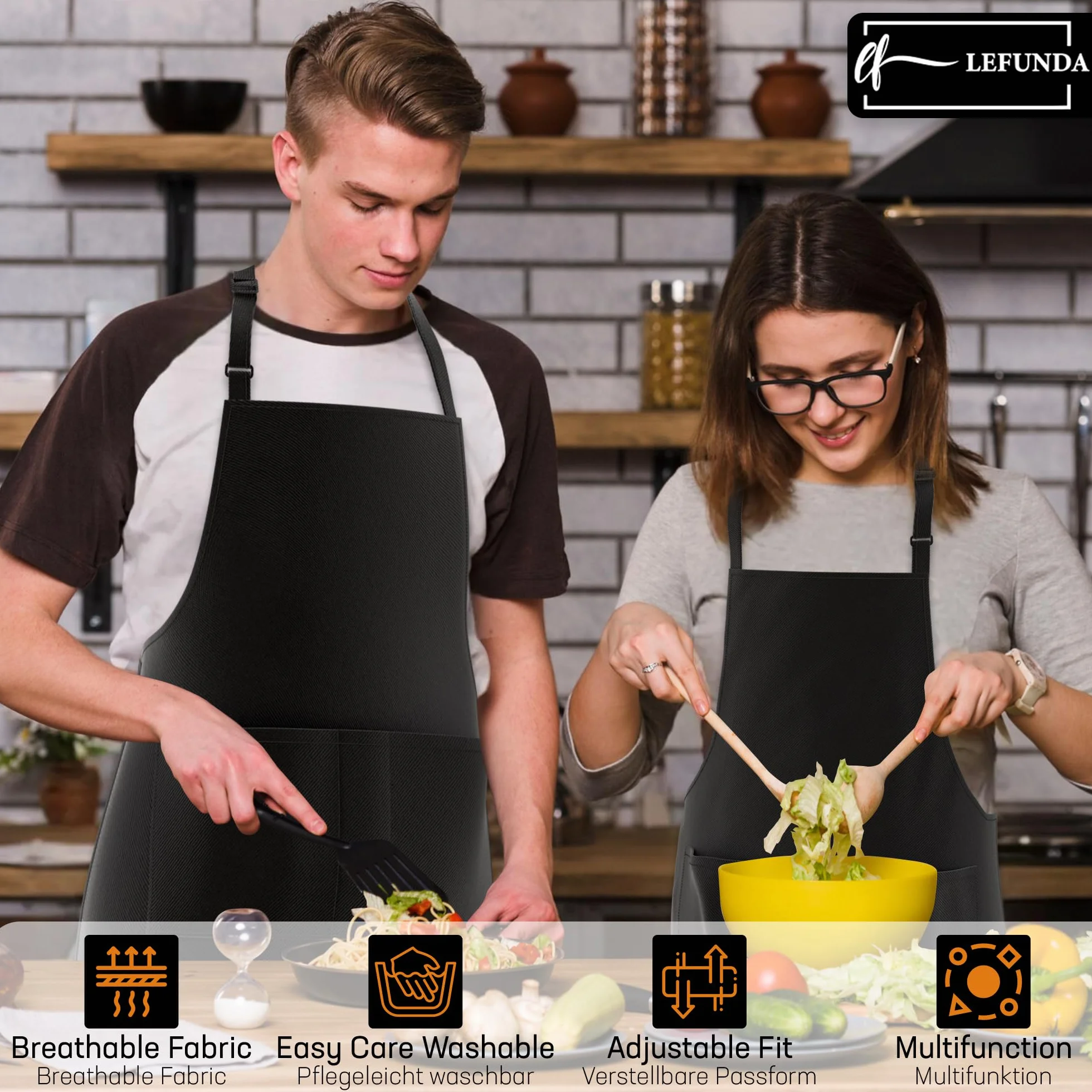 LEFUNDA® Delantal de Cocina Impermeable con 3 Bolsillos Ajustable, Delantal de Barbacoa con Correas Largas, Delantal de Cocina para Hombres y Mujeres, Cocinar, Restaurante, Café, Hornear (Negro)