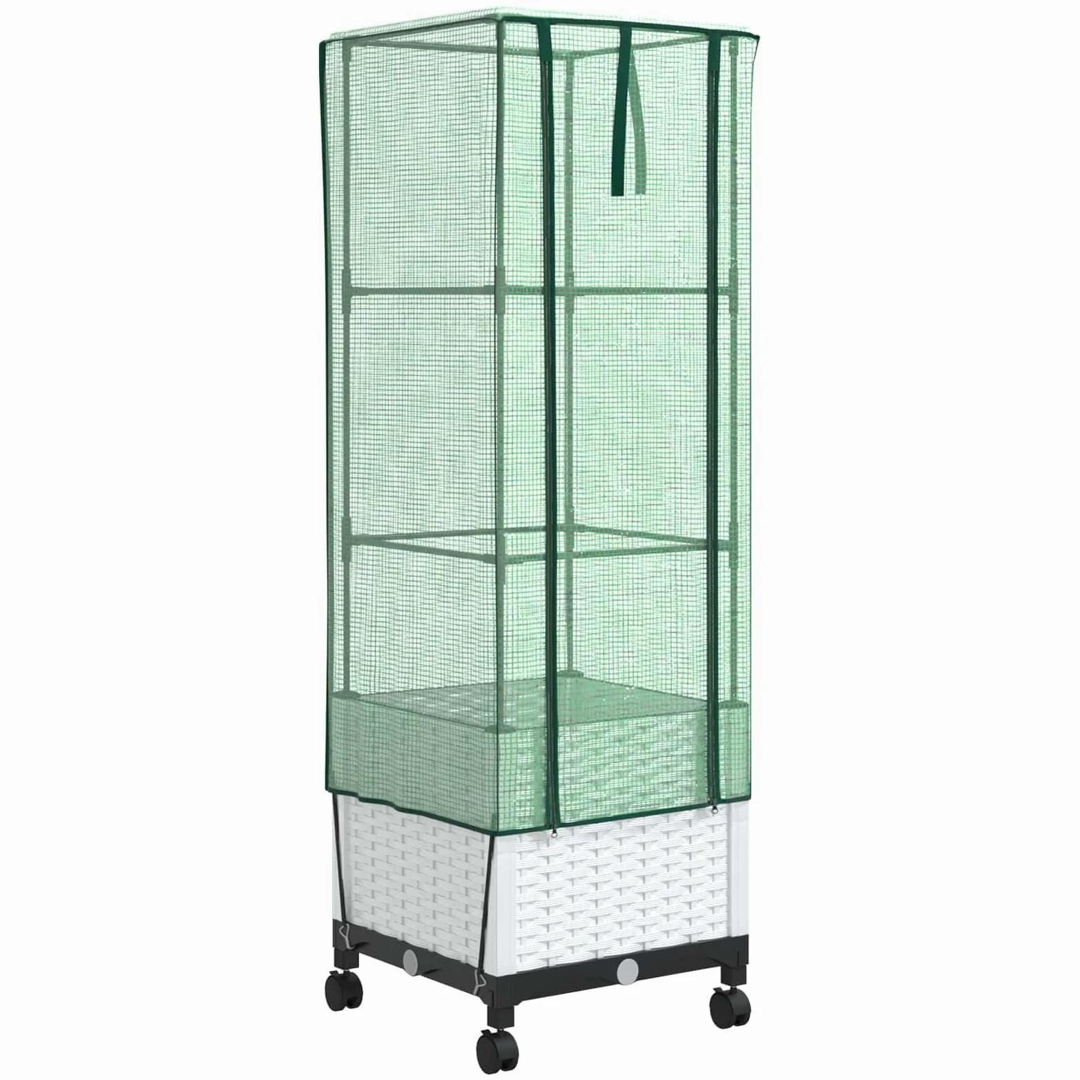 Macetero móvil con cubierta de invernadero, color blanco, PP, 40 x 40 x 145 cm | Cama elevada con aspecto de ratán para patio y jardín, incluye cubierta y prácticas para el suelo.