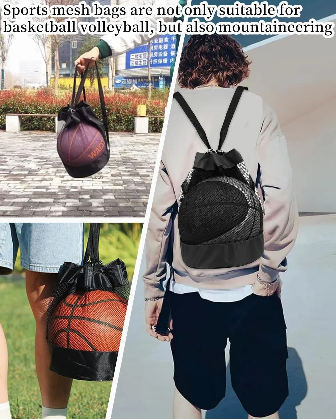 Bolsa de Malla para Pelotas Mochila Baloncesto Deportiva Ajustable Negro