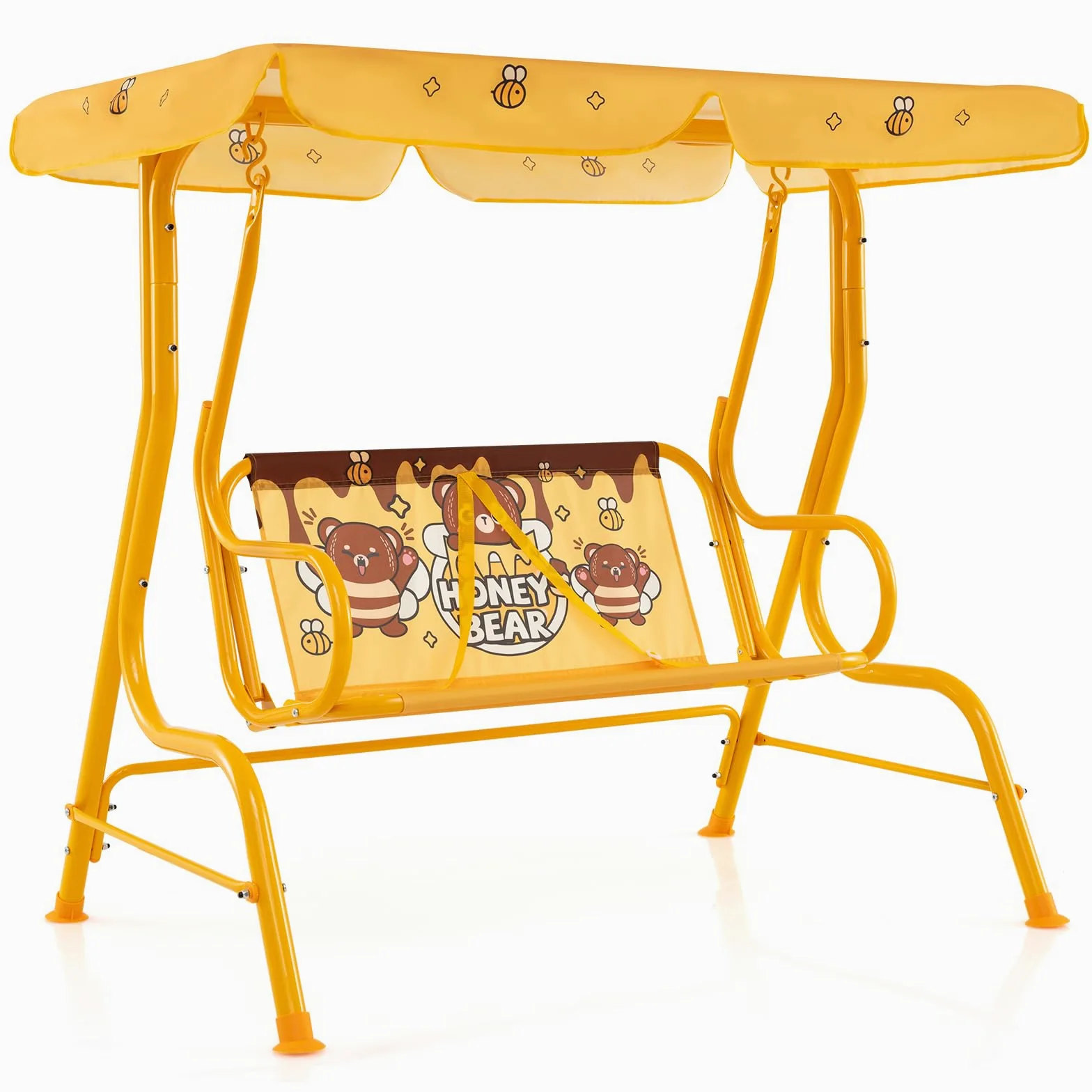 COSTWAY Columpio de Jardín Exterior para Niños de +3 Años, Balancín de 2 Plazas, Estructura Metálica, Dosel Ajustable y Cinturones de Seguridad, 112 x 76,5 x 111 cm, Carga 80kg (Naranja)