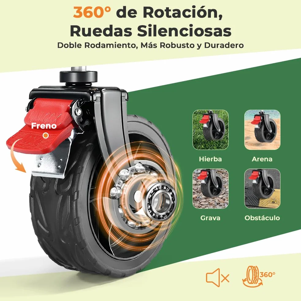 SLIDBEAT Carro de Playa Plegable (150L) para Camping, Picnic y Jardín. Carga 150KG, Ruedas Todo Terreno, Doble Freno y Mango Ajustable. Recipiente Interior Extraíble y Lavable a Máquina