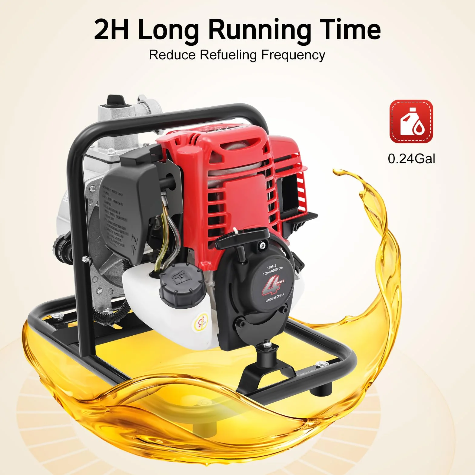 Bomba de agua de gasolina de 4 tiempos, 38 CC, 1,2 kW, bomba de agua sucia, bomba de jardín, bomba de estanque, autocebante, agua sucia, 135 l/min, motor de agua para riego de jardín, cuidado de