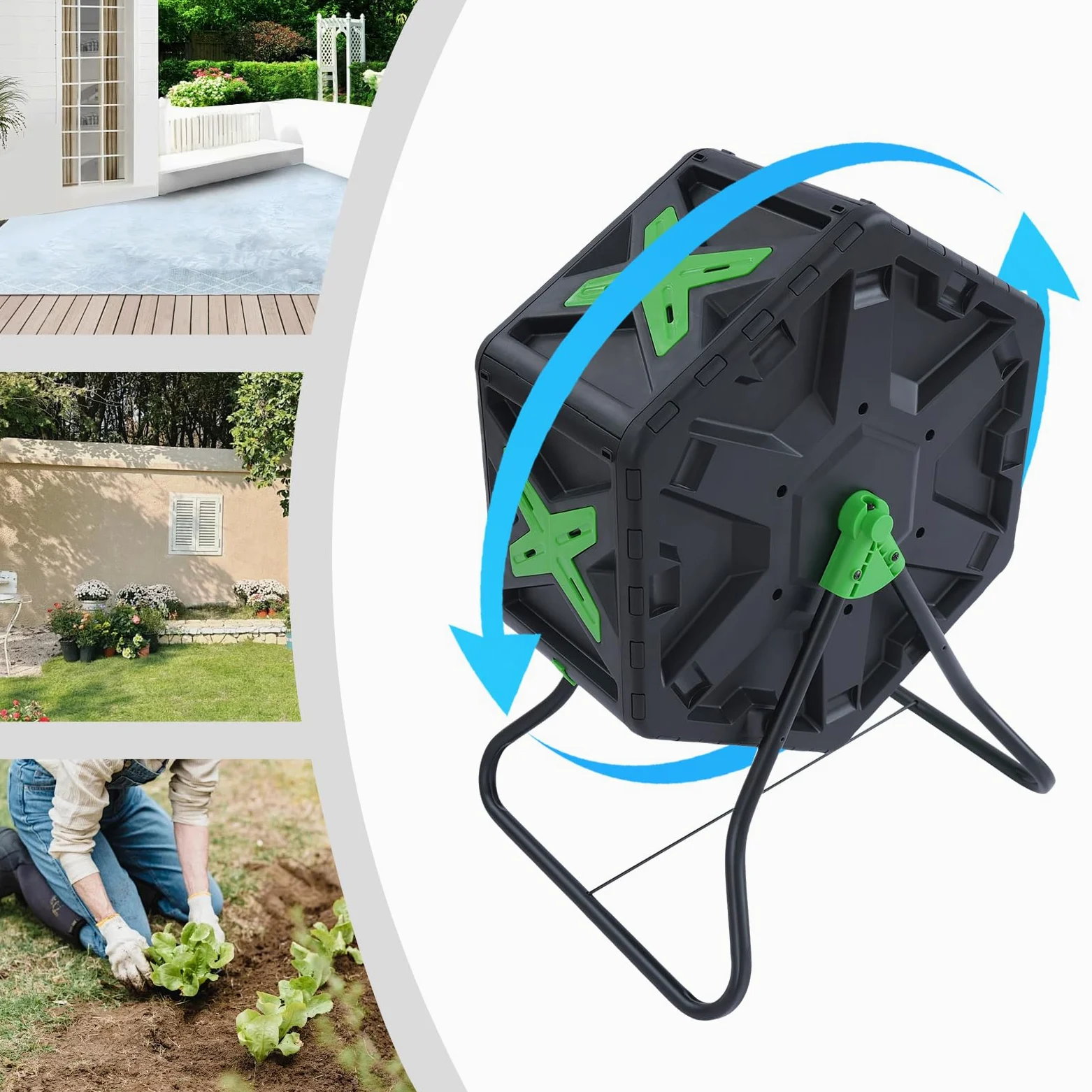 Compostador giratorio de 70 litros, contenedor de compostaje giratorio, para jardín, compostador rápido giratorio, para residuos de cocina, hierba triturada, hojas, paja, virutas de madera, ramas, etc