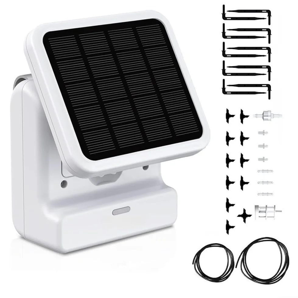 Sistema de riego por goteo solar WiFi para plantas de interior y exterior con función de salto de lluvia de programación remota y capacidad de nivel de agua (B)