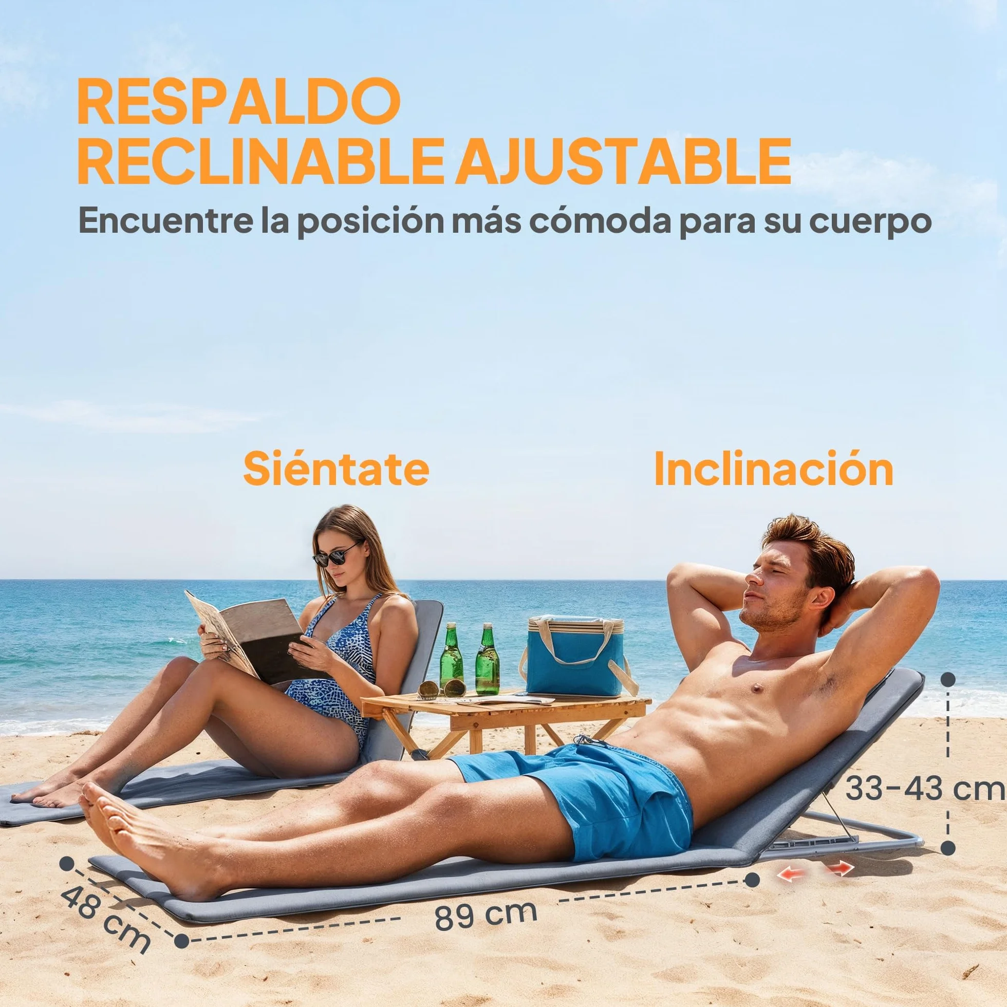Outsunny Conjunto de 2 Esterillas de Playa Plegable Esterillas con Respaldo Reclinable en 5 Niveles Reposacabezas y Bolsa de Transporte 134x48x33-43 cm Gris