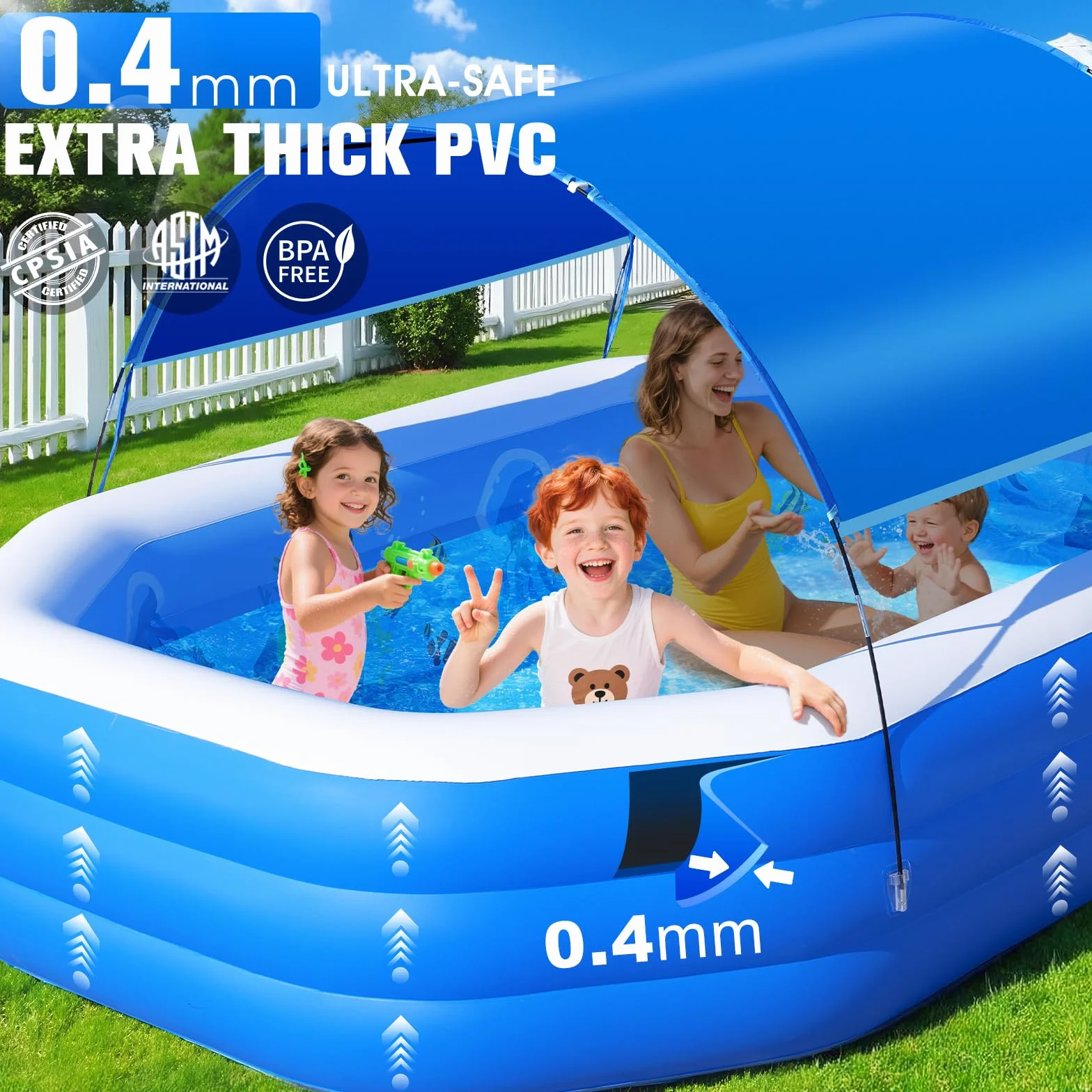 ChlorBlu Piscina Hinchable Grande con Toldo, 300x190x55cm Piscina Hinchable Adultos, Piscinas Hinchable Rectangular Resistentes y Gruesas, Piscinas Hinchable Familiar para Jardín Exterior