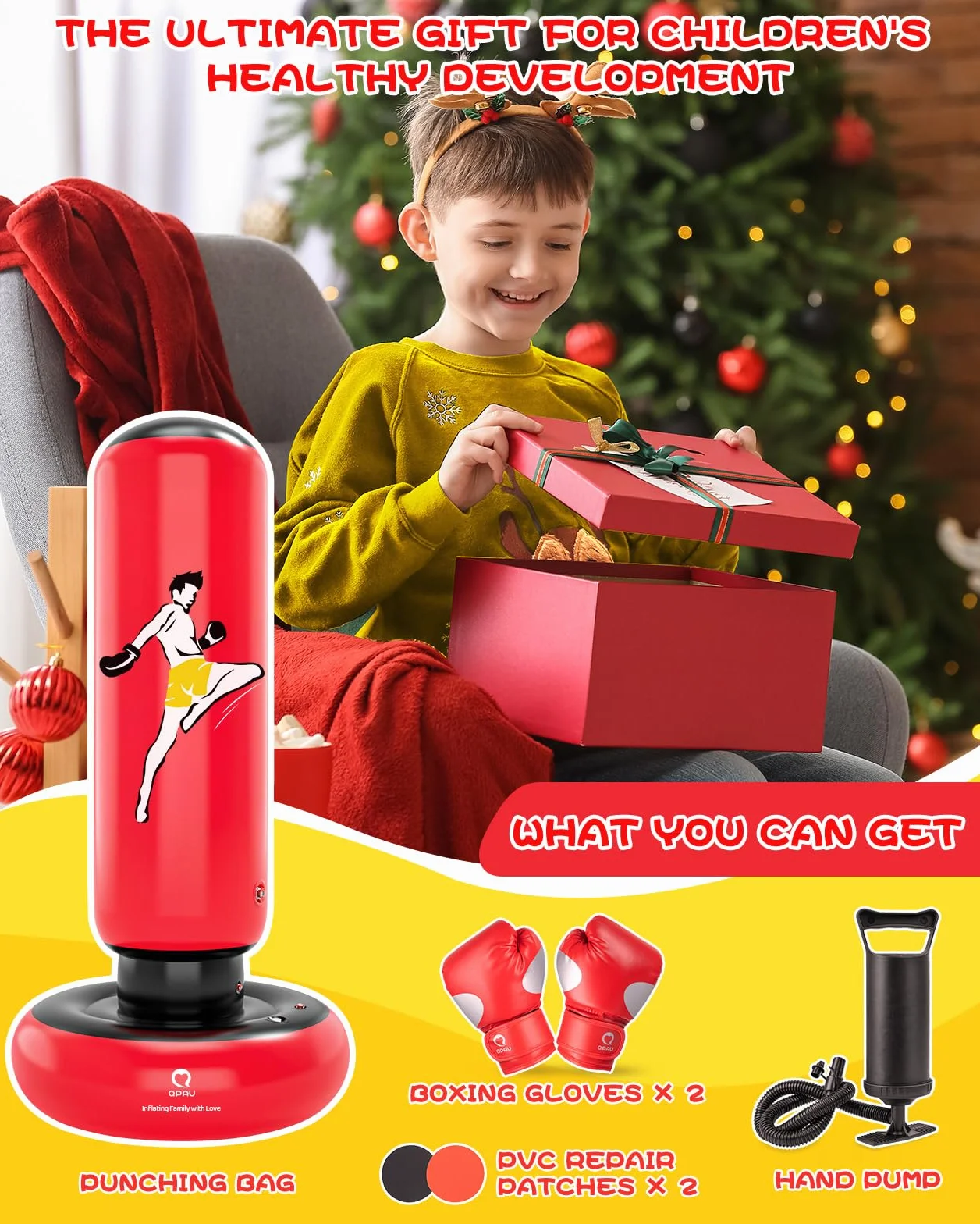 Saco de boxeo para niños con guantes, 66 pulgadas, inflable, rojo