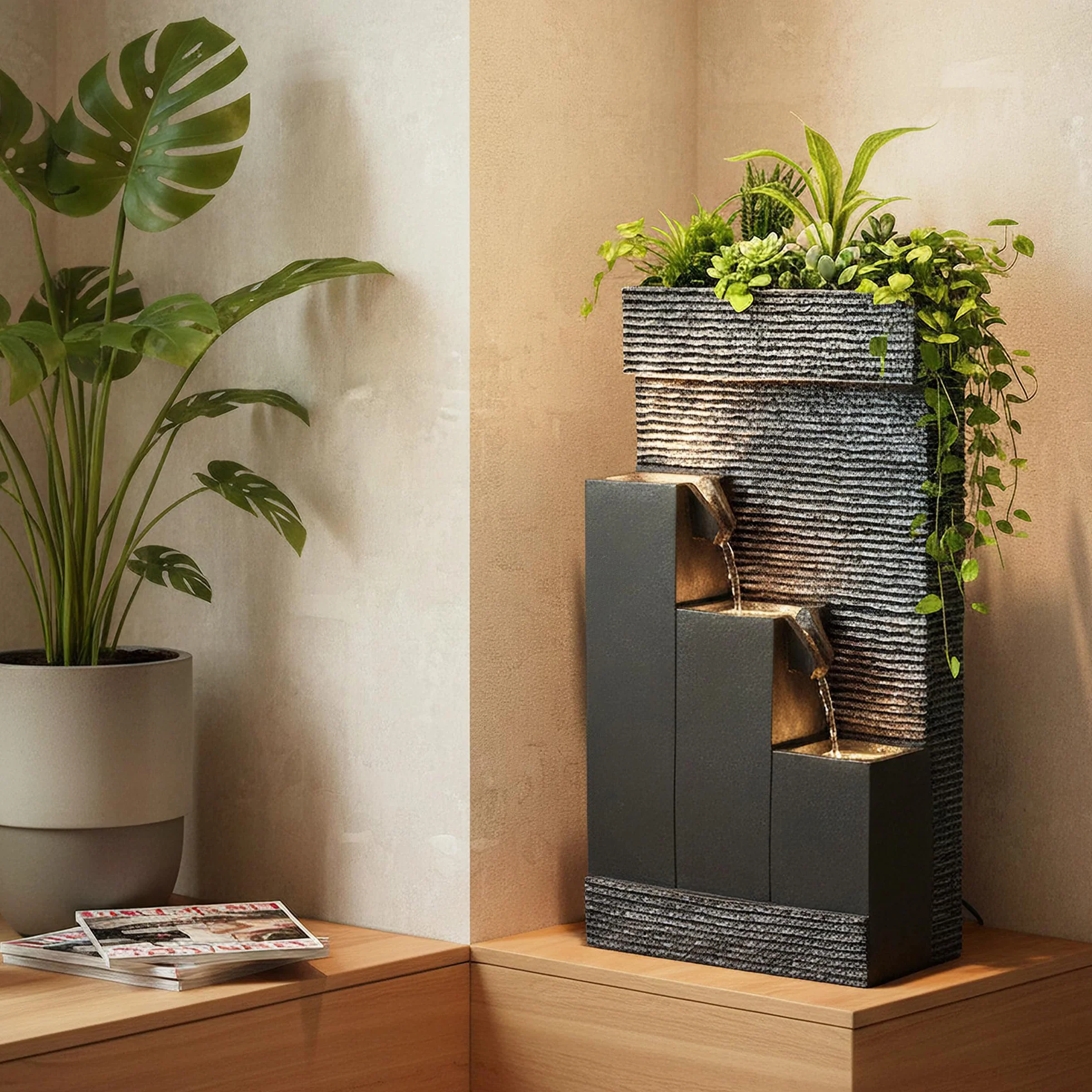 Arnusa BK845 Fuente de jardín con iluminación LED, Fuente de jardín con Lavabo Decorativo, Fuente de Interior, Fuente para Uso Interior y Exterior, Decoración de jardín