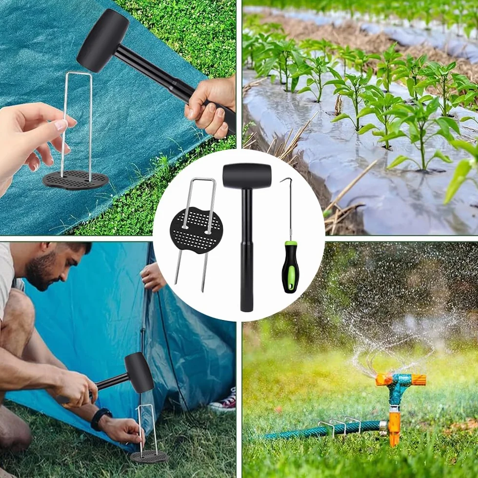 100 Piquetas+100 Arandelas+1recoger Gancho+1 martillo,Clavijas de Jardín en Forma de U,Estacas de Jardín Antirust,Clavos Jardín,Grapas Césped Artificial,Grapas de Jardín para Malla Antihierbas