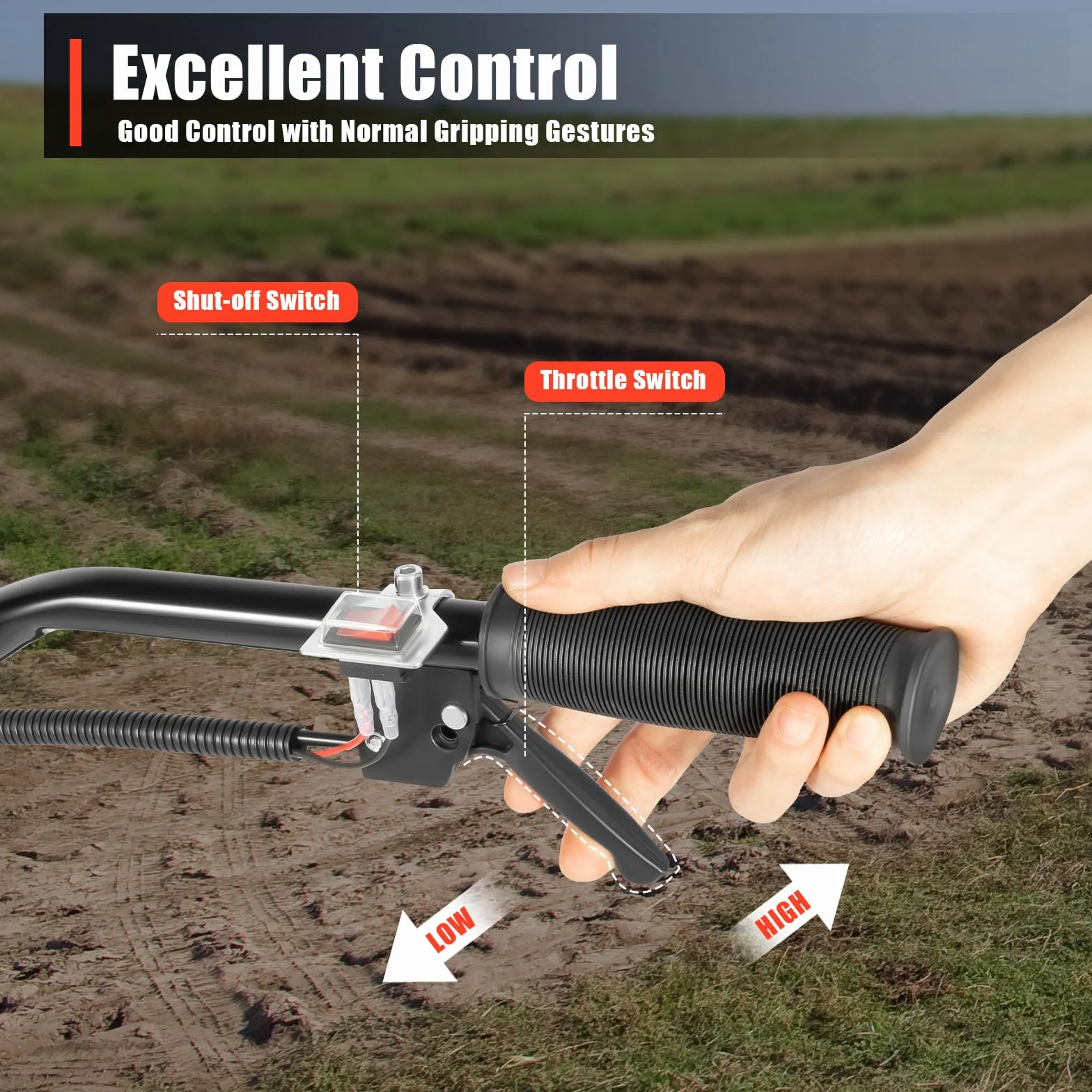 Motocultor Gasolina, 52 cc Cultivador térmico, 1,9 kW 6500 rpm Motoazada, 4 cuchillas de acero de Manganeso, aflojamiento del suelo jardín huerto invernadero huerto, ligero, 15 kg, ancho 30 cm