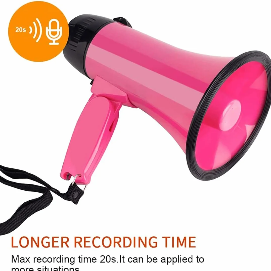 Altavoz Megáfono Compacto 25 Vatios PA Bullhorn con Sirena, Grabadora, Abrebotellas Rosa