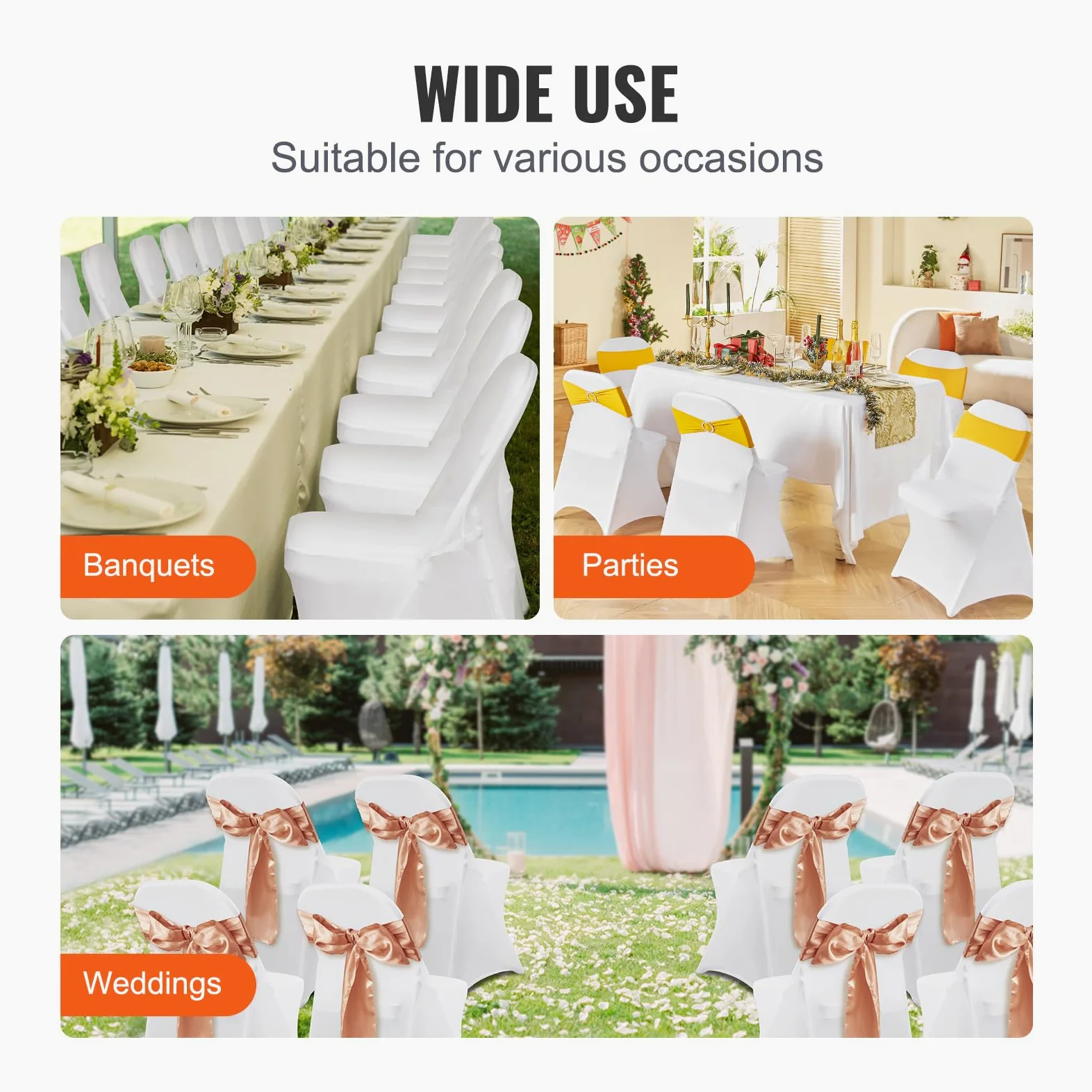 VEVOR Fundas para Sillas Plegables de Spandex Elástico, Funda para Silla Ajustable Universal, Fundas Protectoras Lavables Extraíbles, para Bodas, Vacaciones, 400 x 420 x 770 mm(50 Piezas Blancas)