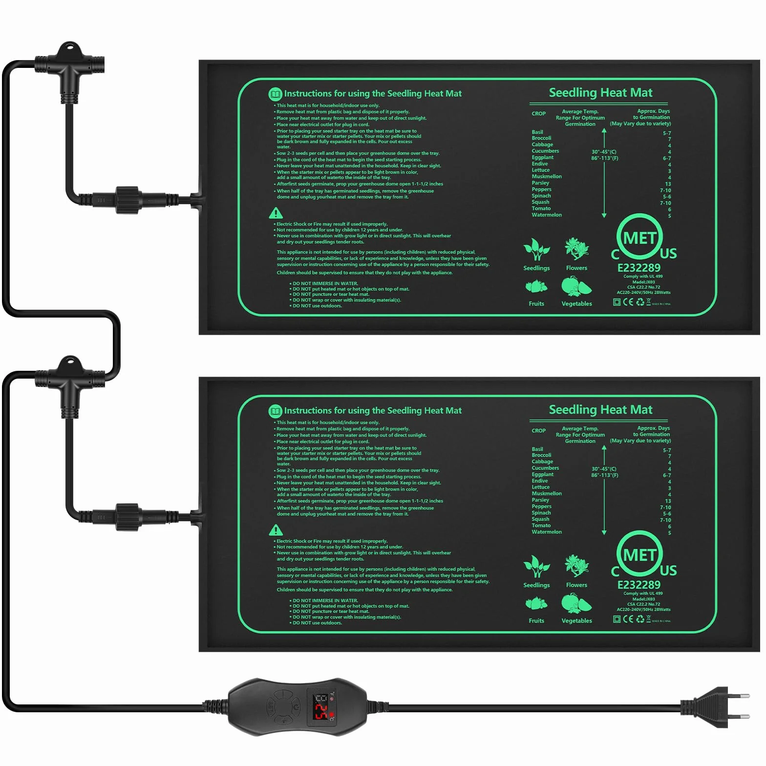 2 Piezas Estera Calefactora para Plantas con Termostato, Alfombrilla de Calor para Plantas, Estera Calefactora Ajustable 20–45°C, Impermeable IP67, para Semilleros, Mascotas y Reptiles
