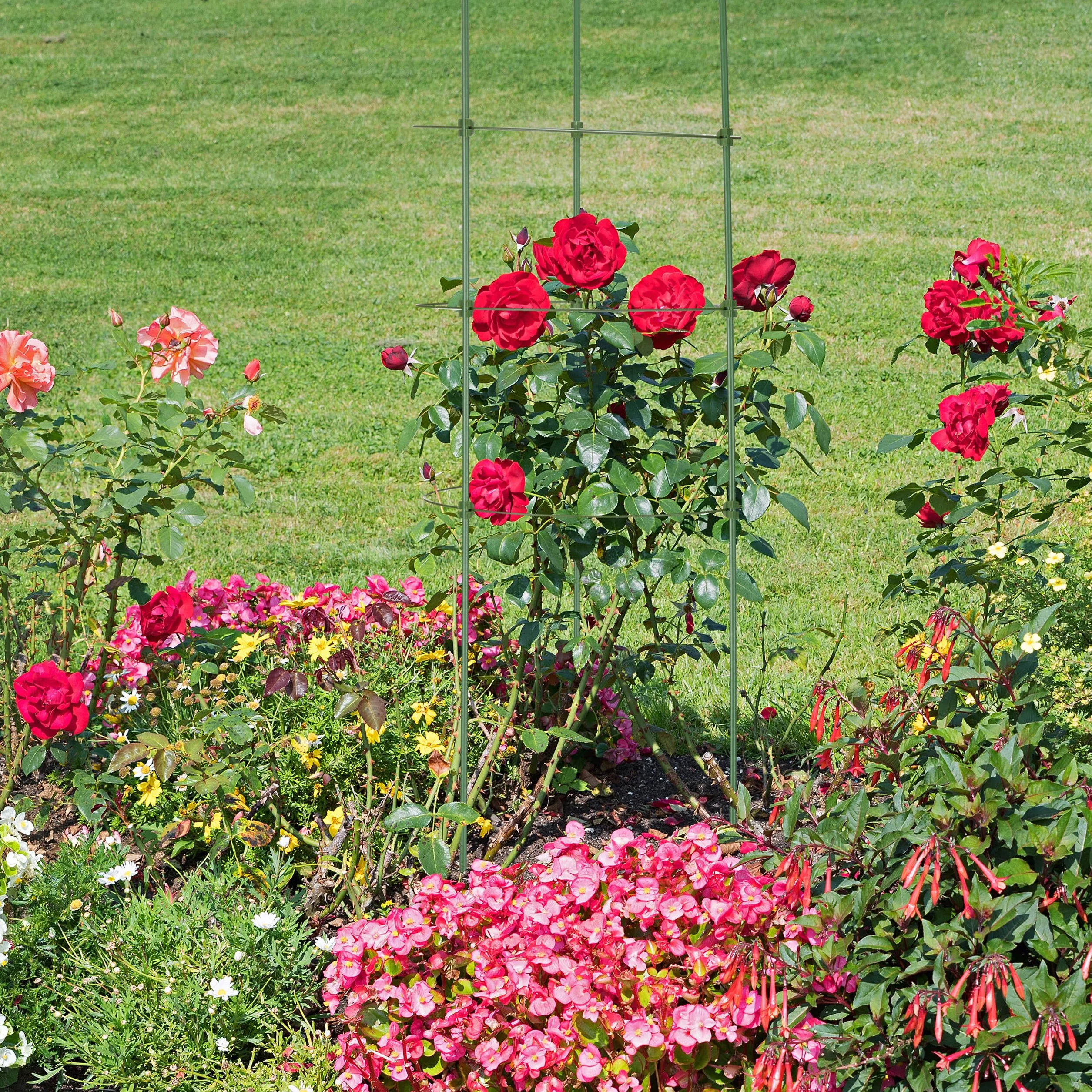 Relaxdays Pack 10 Tutores Plantas, 90 cm Alto, Soporte Enredaderas 4 Anillos, Guía Trepadoras, Metal y Plástico, Verde