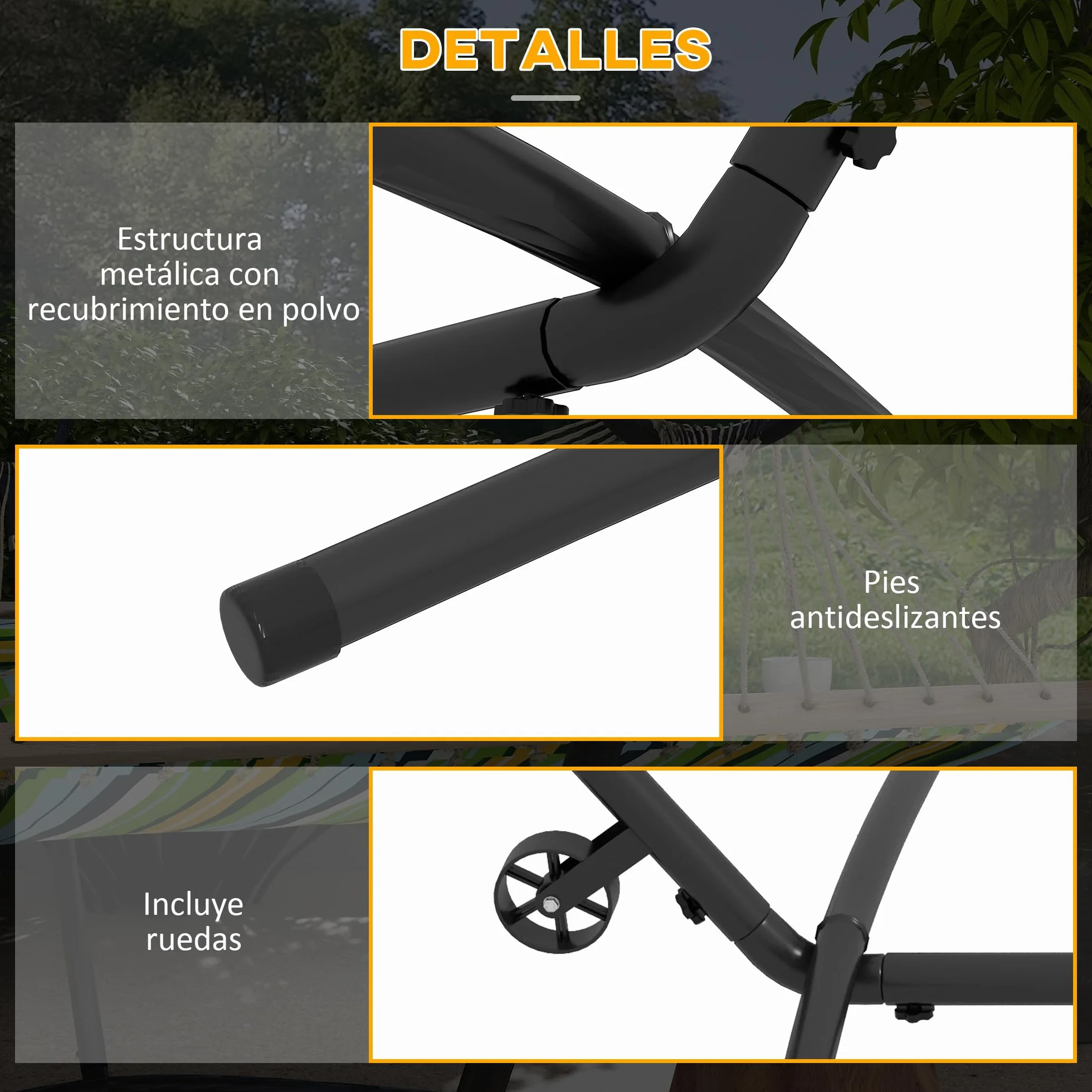 Outsunny Soporte para Hamacas de Acero Estructura para Hamaca Carga 220 kg con Rueda 2 Ganchos Ajustables en 6 Niveles y Bolsa de Transporte 290x120x115 cm Negro