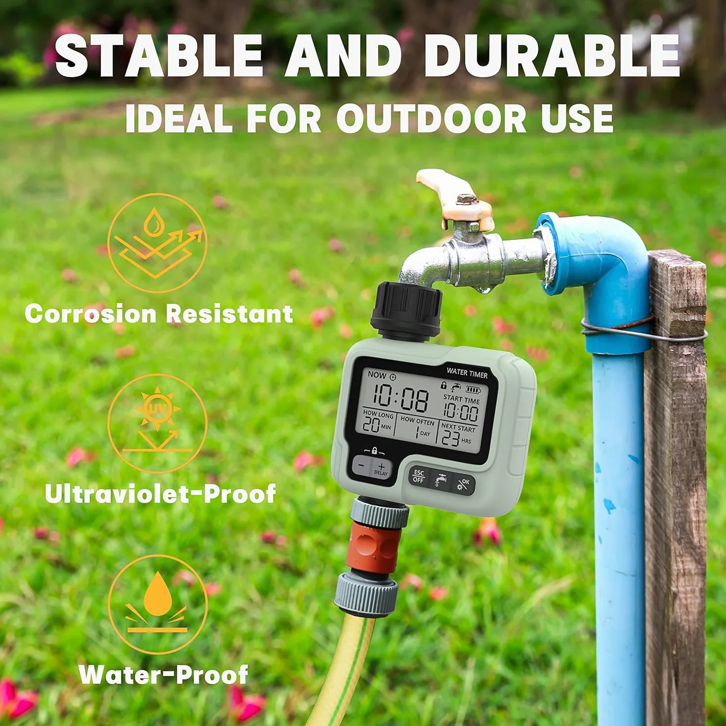 Kazeila Water Timer Programador Riego WiFi,Temporizador Riego Automatico con App, Retraso por Lluvia, WLAN 2.4GHz, Control de Voz Alexa para Jardín Rociadores
