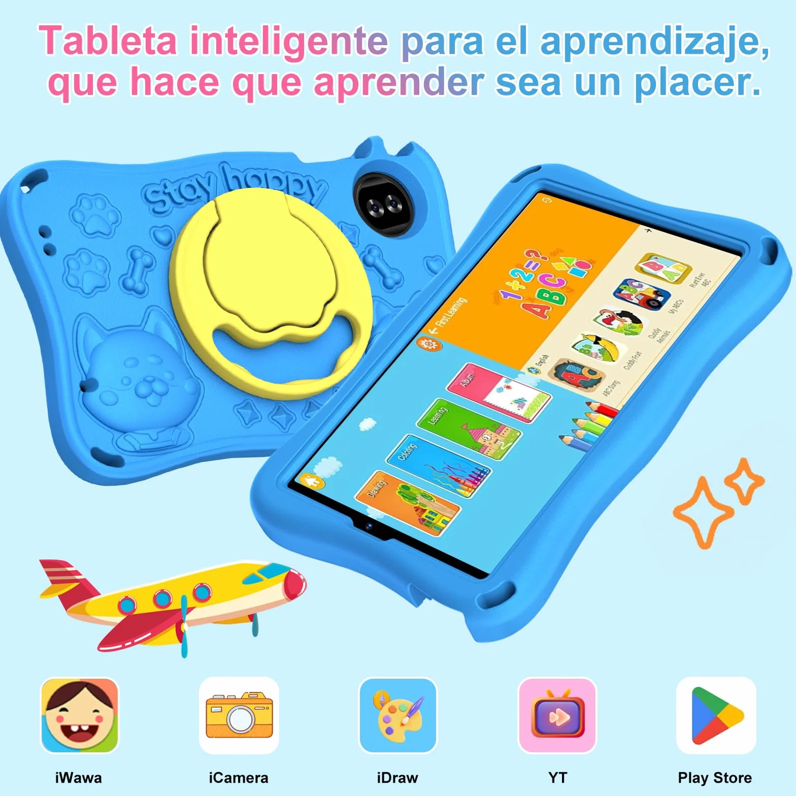 Tablet para niños 9 pulgadas Android 15 12 GB RAM 1 TB TF 5G WiFi Widevine L1 Octa-Core 5000 mAh control parental funda Eva Azul