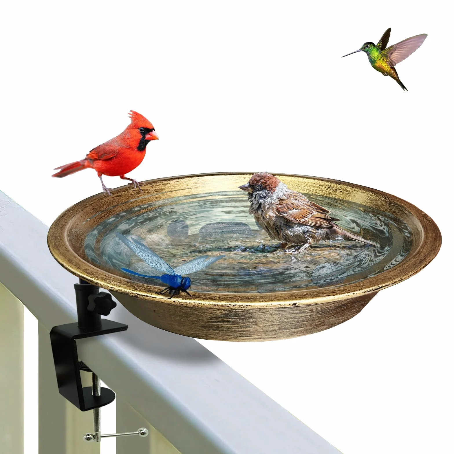 WANGIRO Baño para pájaros montado en cubierta para exteriores, cuenco desmontable para pájaros con abrazadera resistente, fácil de instalar, comedero para pájaros al aire libre para terrazas, jardín