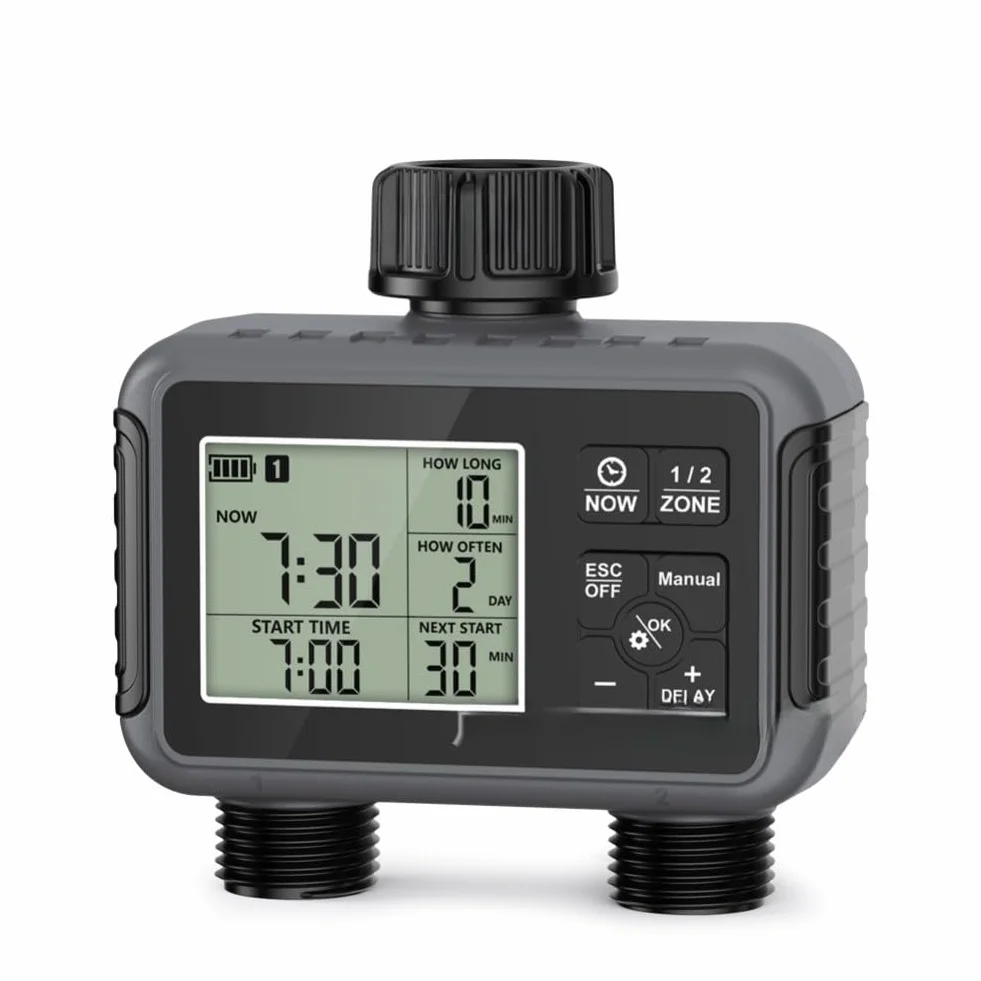 Temporizador de agua programable para grifo de jardín con configuración de entrada y salida de zonas duales independientes y capacidad de anulación manual