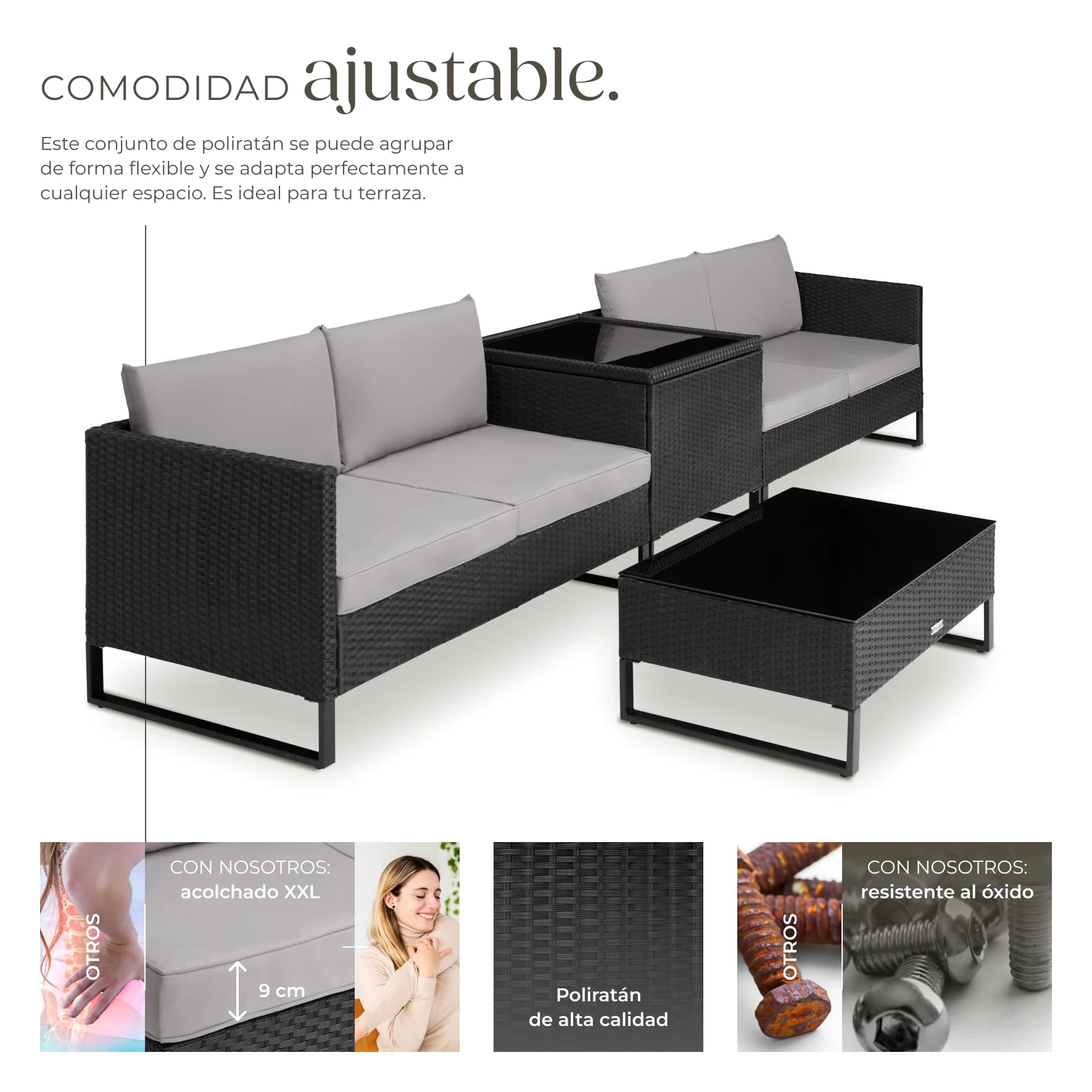 TecTake® Conjunto Jardín de Ratán con Cojines Gruesos, Muebles Jardín Exterior 2 Sofás, 1 Mesa Cristal, 1 Caja Almacenamiento, Conjunto Terraza Resistente a la Intemperie, Estructura en Acero - Negro