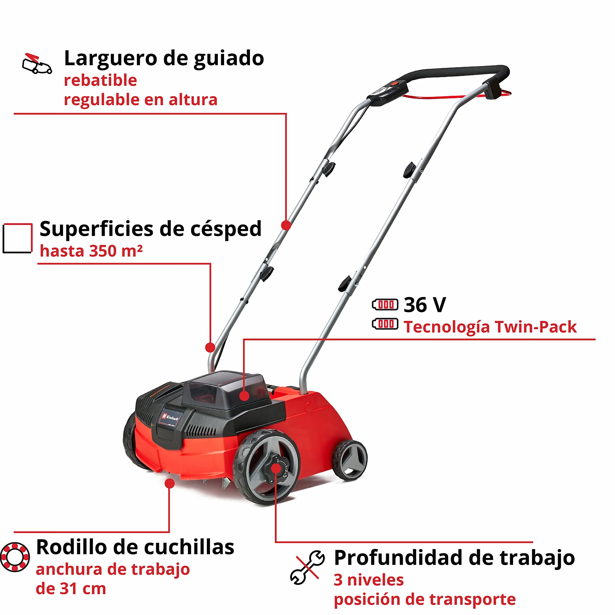 Einhell Escarificador/aireador inalámbrico - GC-SC 36/31 Li PXC. Combinada 3 en 1, motor de bobinado en serie, unidad de corte con rodamiento de bolas, suministrada sin batería y cargador