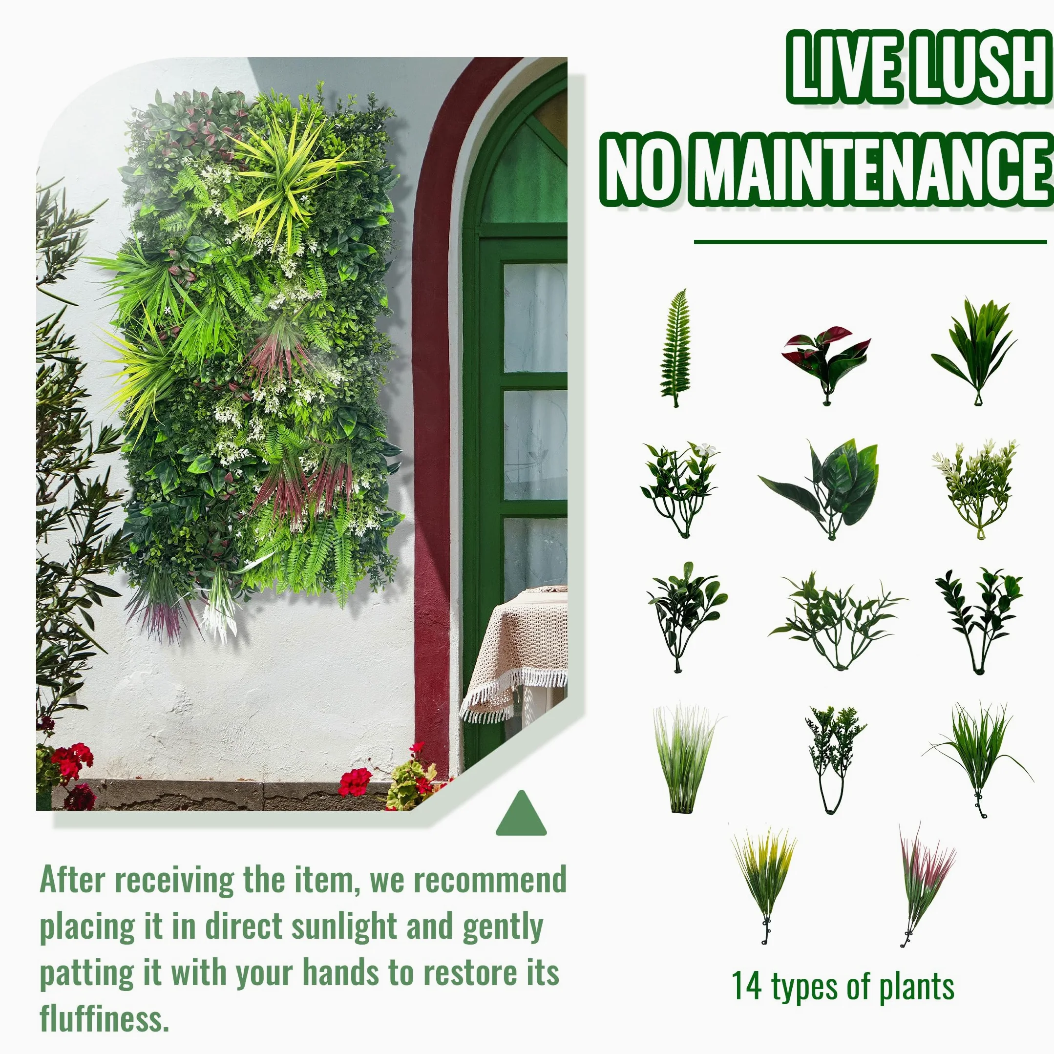 ODTORY Paneles de pared para plantas, 40 x 20 pulgadas, telón de fondo de pared de césped artificial, pantalla de privacidad con protección UV, pantalla de valla de seto de hojas verdes falsas para