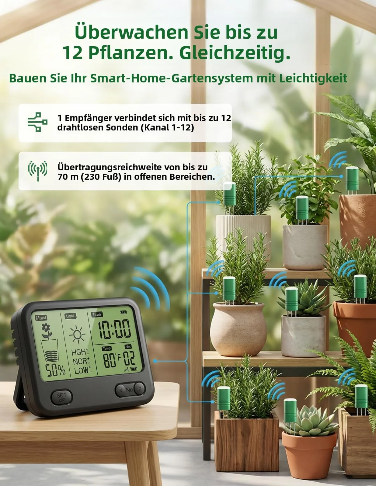 Medidor de Humedad inalámbrico para Suelo con Receptor LCD, Sensor 3 en 1 de 3 sondas (Humedad, Temperatura, luz), Alcance de RF de 230 pies, Impermeable, Larga duración (Suelo 2 sensores)