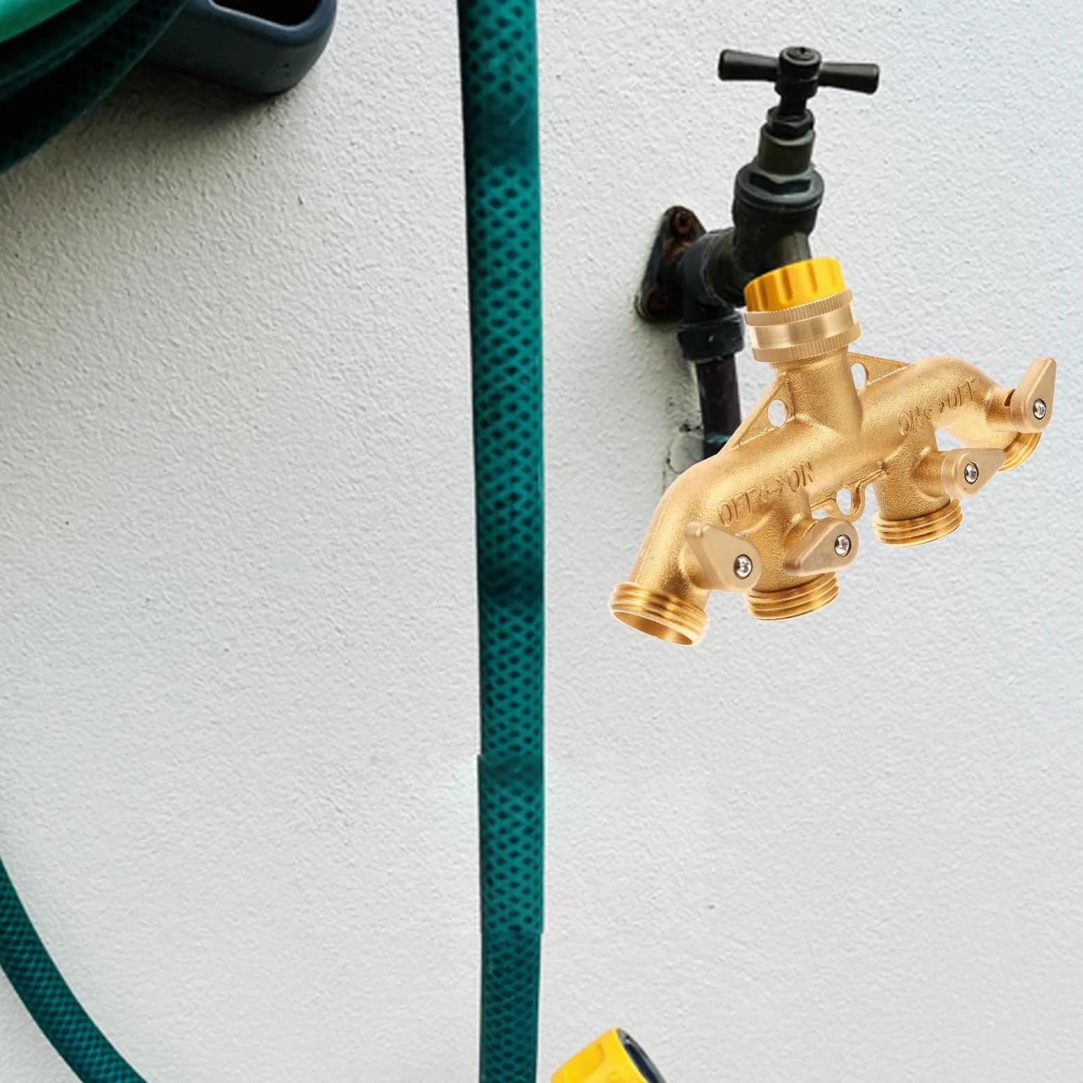 Divisor de Grifo de Latón de 4 Vías Válvulas de Bola para Jardín, Adaptador de Manguera Resistente Cierre Hermético y Prevención de Goteo