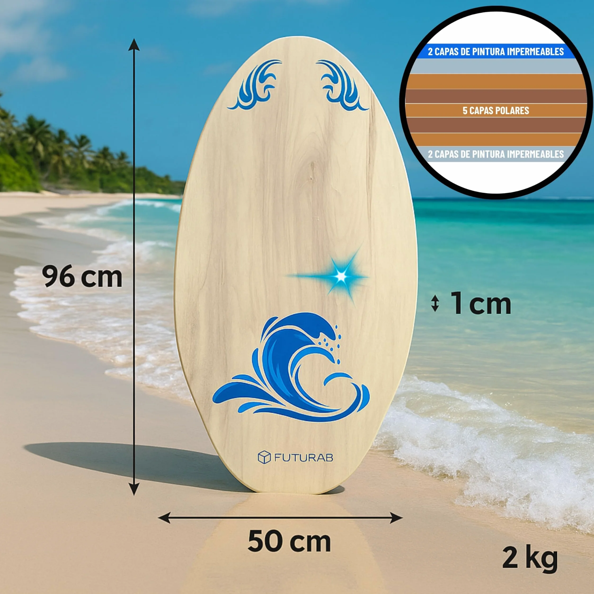 FUTURA8 Skimboard Madera Tabla Deslizante Antideslizante Ligera Resistente al Agua Adultos Principiantes Playa
