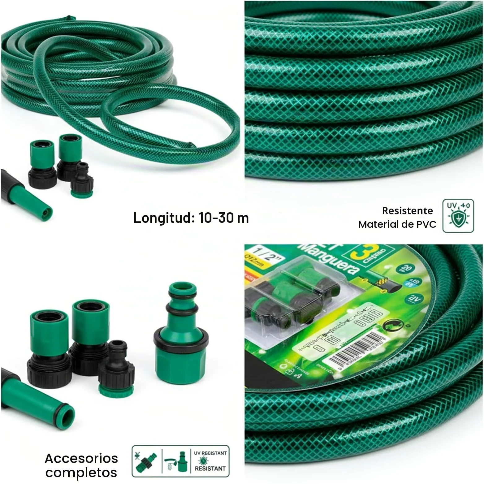 YIJIA | Manguera de jardín - Set Manguera con Conexión y Boquillas para Riego Reforzada 3 Capas, Presión de rotura de 20 bar - Diámetro Ø1/2" (12mm), Verde, Longitud de 30 Metros