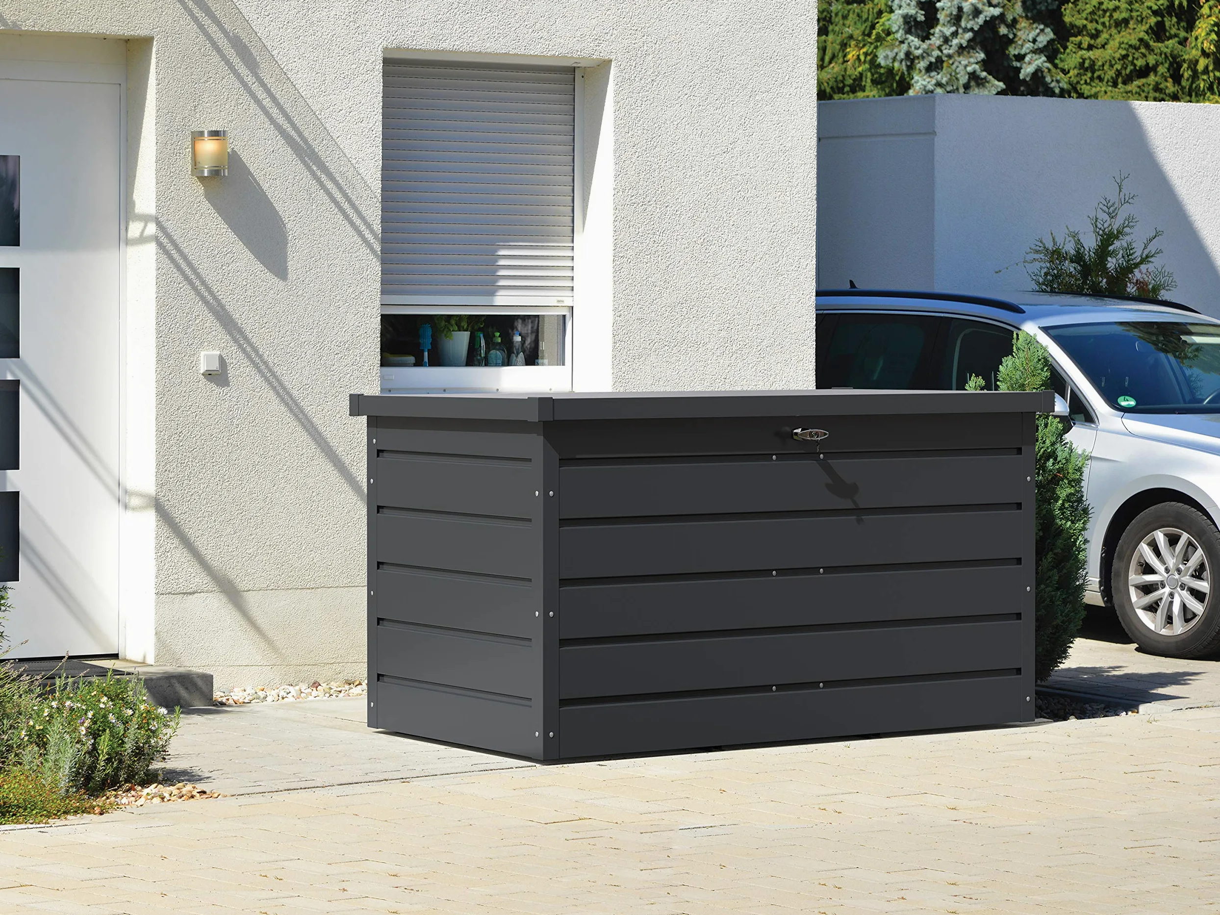 Duramax Caja de cojín de Metal Paladio y Banco pequeño (710 L) con Cilindro hidráulico de Gas y Mango con Cerradura – Caja Antracita