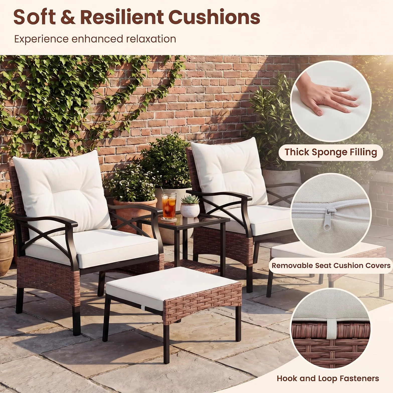 GIANTEX Conjunto Muebles Jardín Exterior de Ratán 5 Piezas, 2 Sillones, 2 Otomanas y Mesa de Vidrio, Cojines Extraíbles, para 2-4 Personas, Juego de Conversación para Patio Terraza (Marrón+Beige)