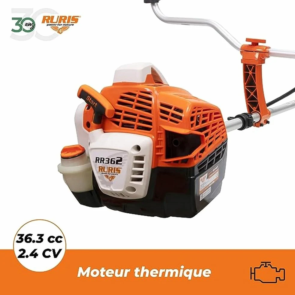 RURIS POWER FOR NATURE Desbrozadora térmica RR362 2 Tiempos 36,3 cm3, 2,4 CV, 255 mm – Arnés de Doble Balance, Asas ergonómicas de Dos segmentos