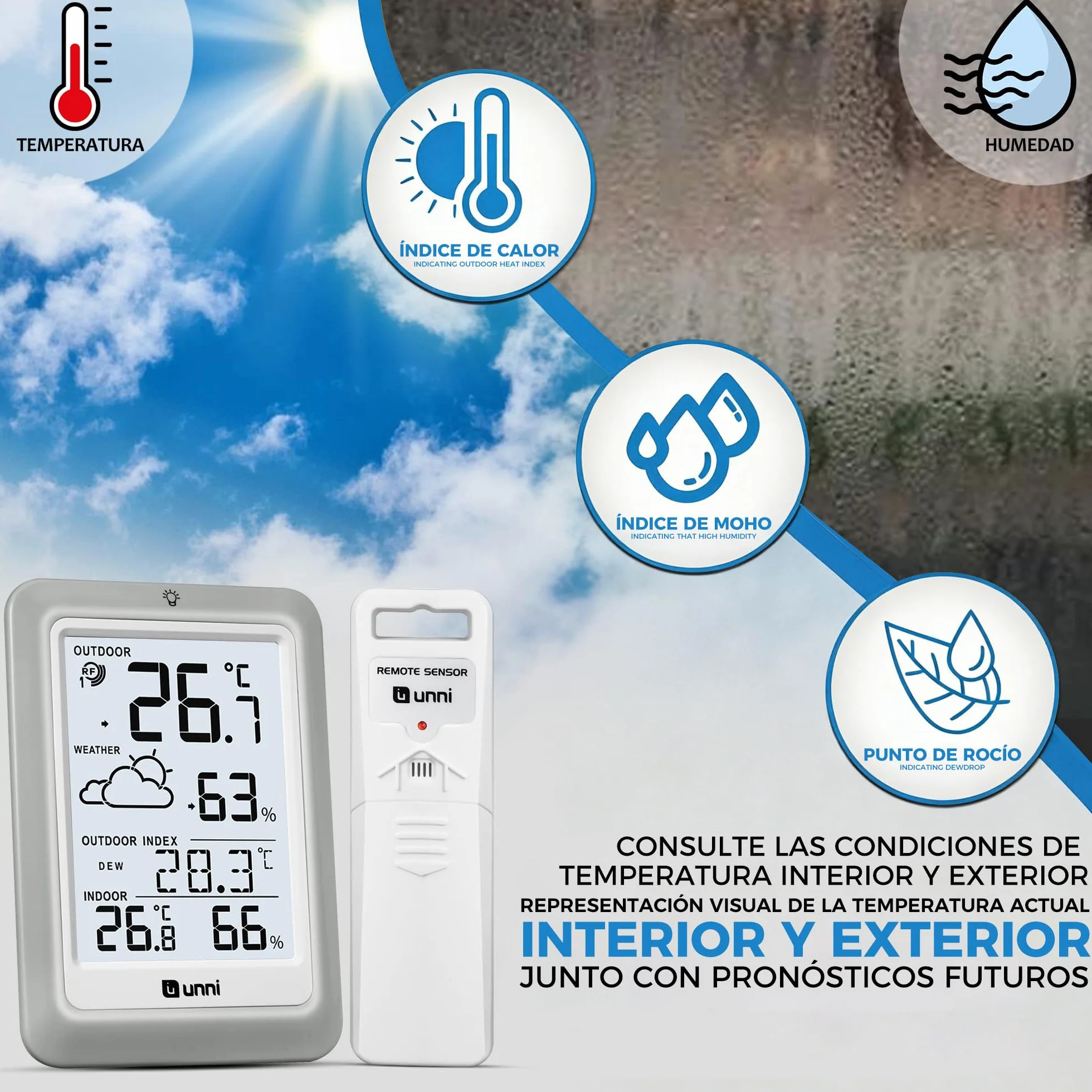 Termómetro inalámbrico para interiores y exteriores funciona con baterías, Sensor remoto de 100 m de alcance y pantalla con retroiluminación