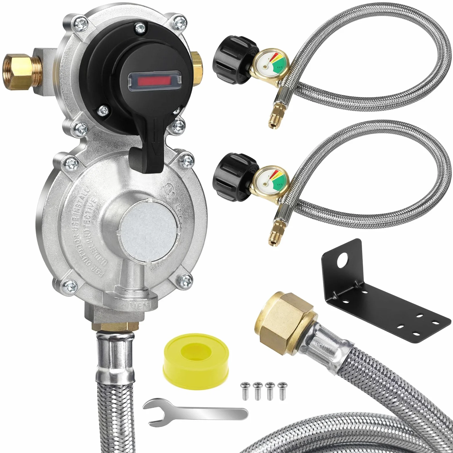 NQN Regulador de gas propano LP de cambio automático de 2 etapas con conjuntos de manguera de regulador trenzado de acero inoxidable de 48 pulgadas