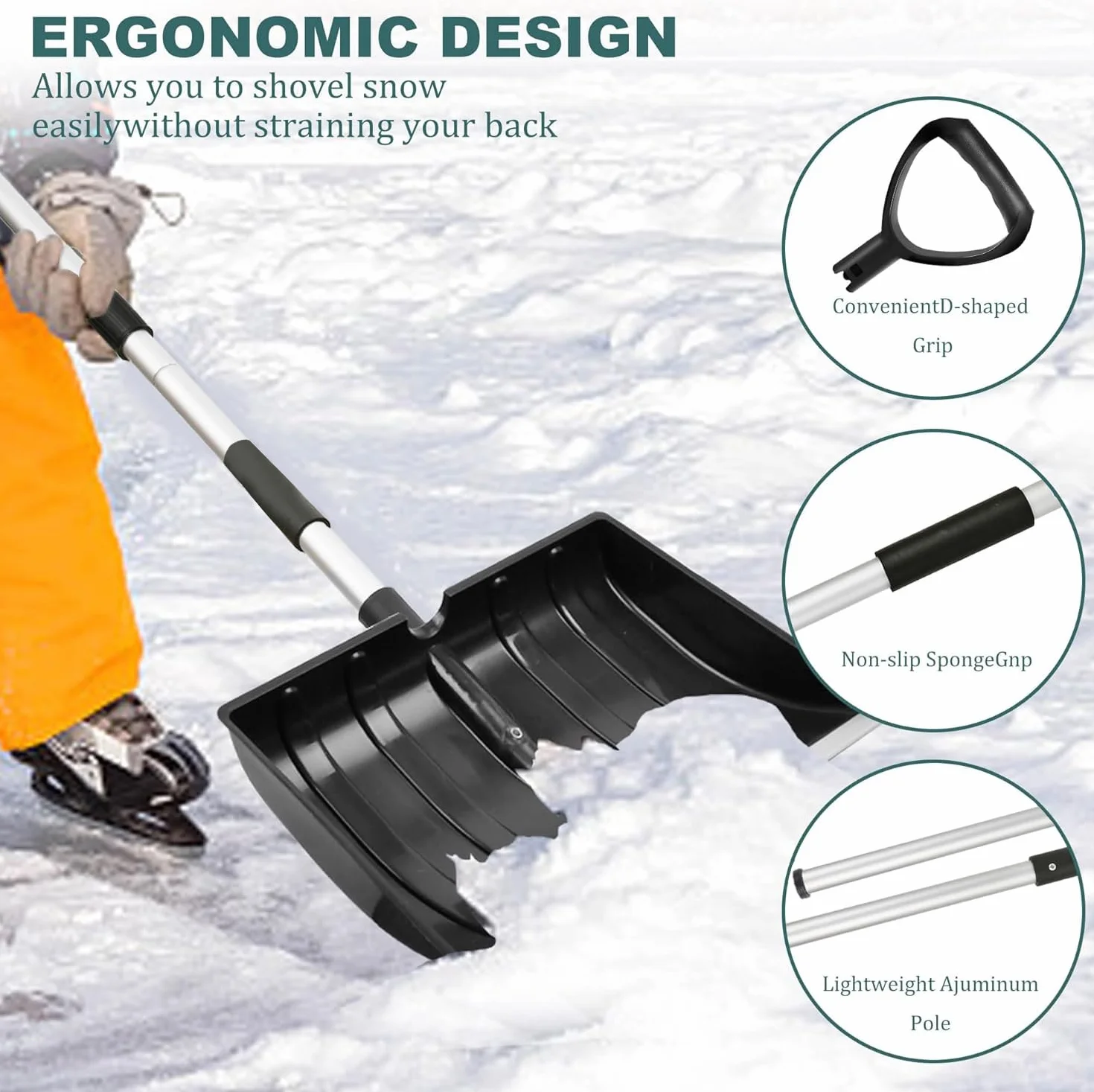 Pala de nieve extraíble grande, mango en D, 2026, para vehículo de jardín, camping al aire libre, negro oscuro