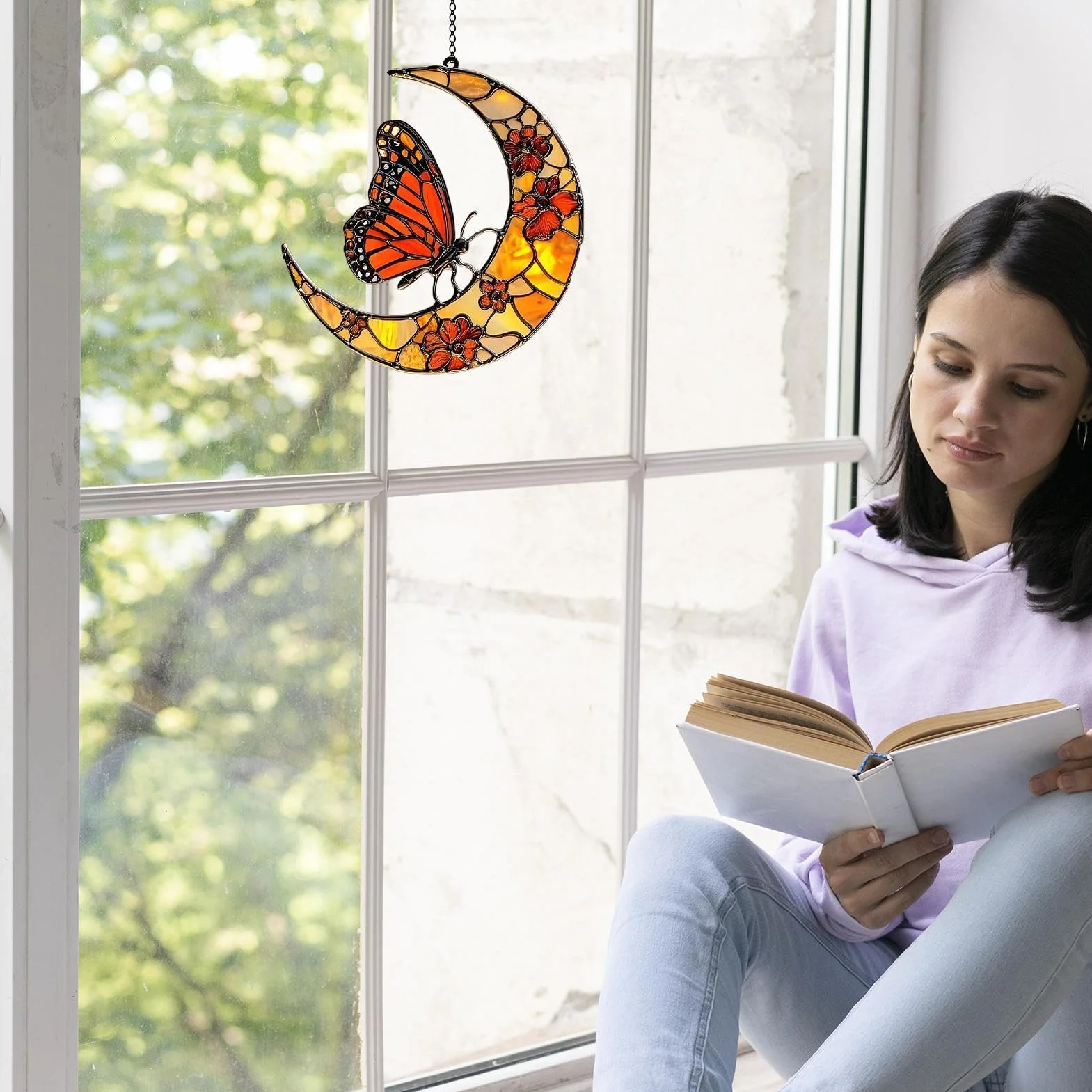 Cattador De Luna Solar, Mariposa Y Luna Solar Catcher Window Butterfly Catcher Catcher Butterfly Sun Catcher, Monarch Butterfly Y Flower Moon Ornament Para Ventana - Ornamento De Arte Acrílico Para De