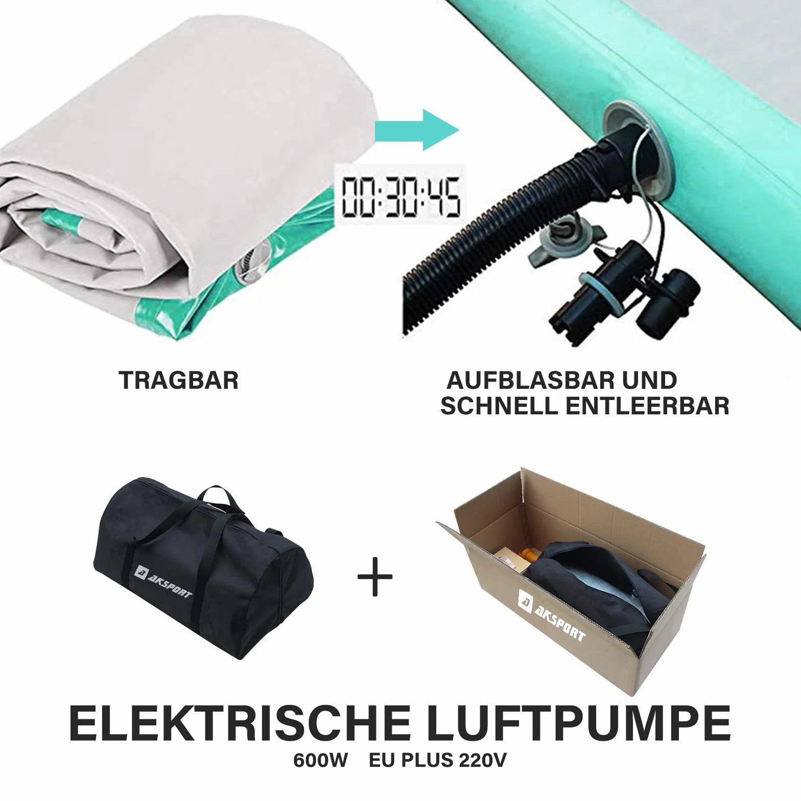 AKSPORT Esterilla hinchable de aire para tumbling, 3/4/5/6 m, 10/20 cm alto, con bomba