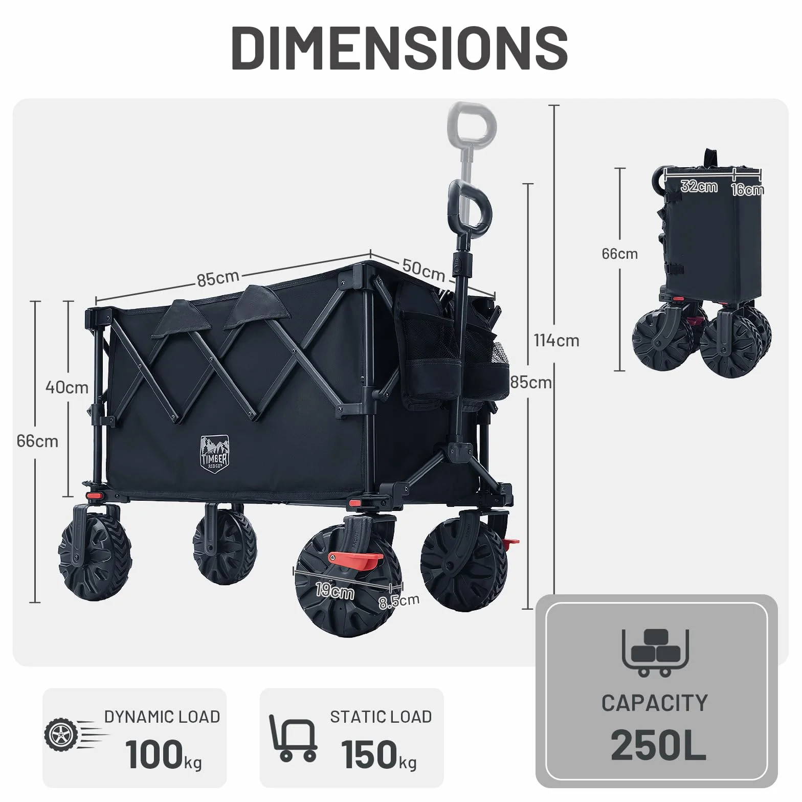 TIMBER RIDGE Carro plegable XXL de 250 L, neumáticos anchos con frenos, 150 kg, con soporte para bebidas, para camping, compras, jardín
