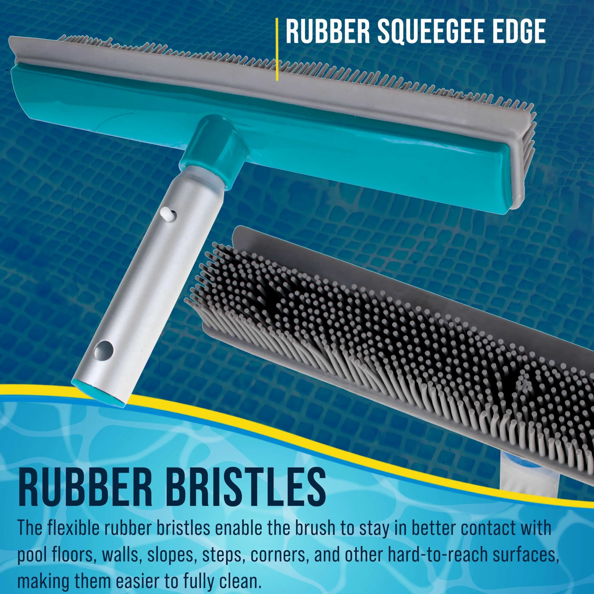 U.S. Pool Supply Cepillo de piscina de 13 pulgadas con cerdas de goma y borde de escobilla de goma, seguro para revestimientos de vinilo, ideal para piscinas sobre el suelo, mango de poste de aluminio