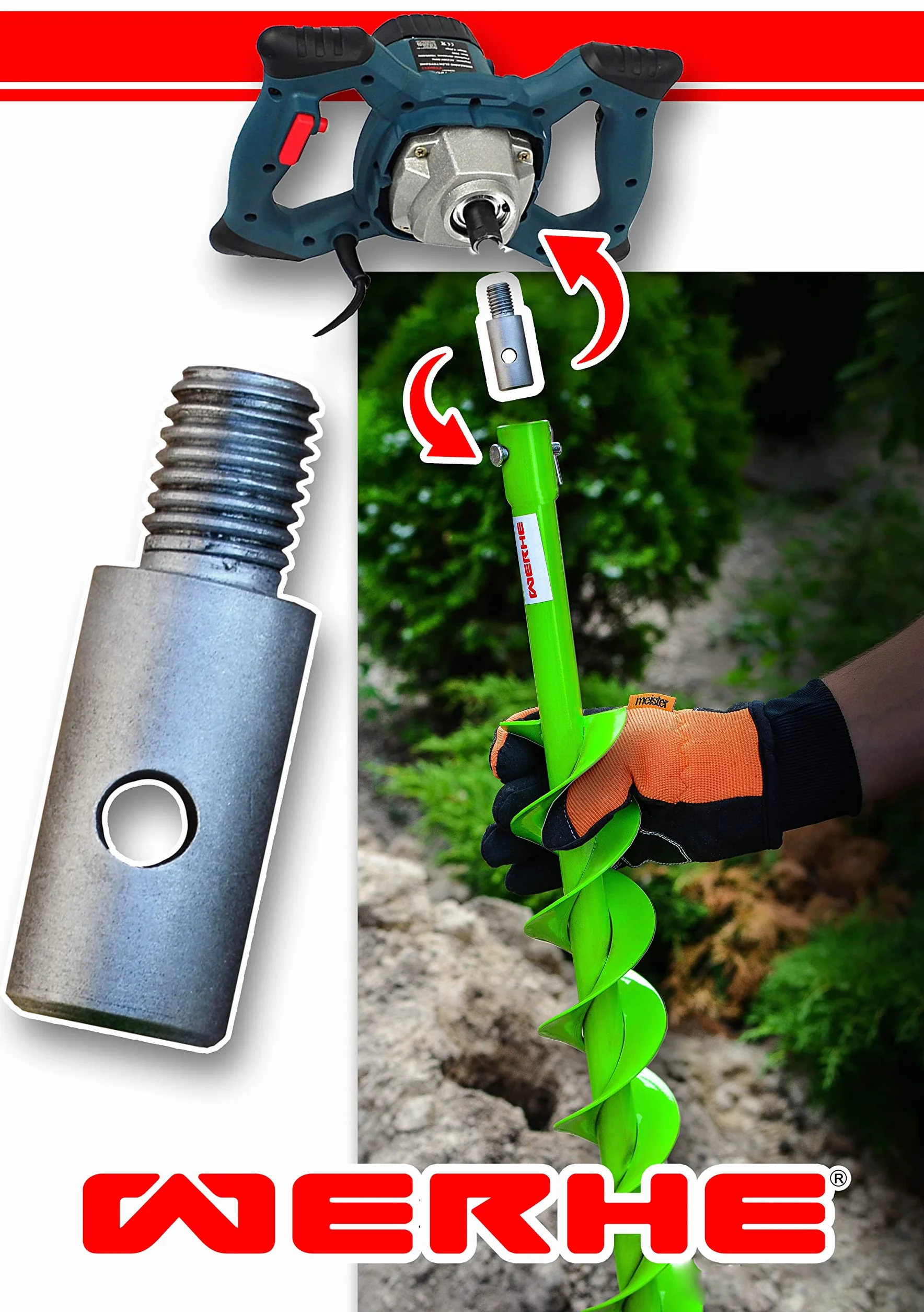 WERHE Barrena para tierra 150 mm con adaptador M14 – Barrena robusta para taladros – Punta de perforación precisa para jardín