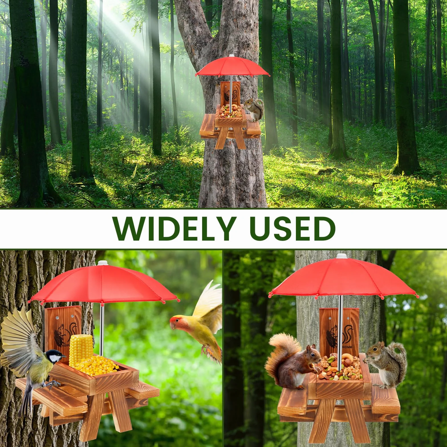 Alimentador de ardilla de madera con paraguas,Alimentador de ardilla para exteriores Mesa de picnic Divertida con estructura sólida Alimentador de ardilla con soporte para mazorcas de maíz
