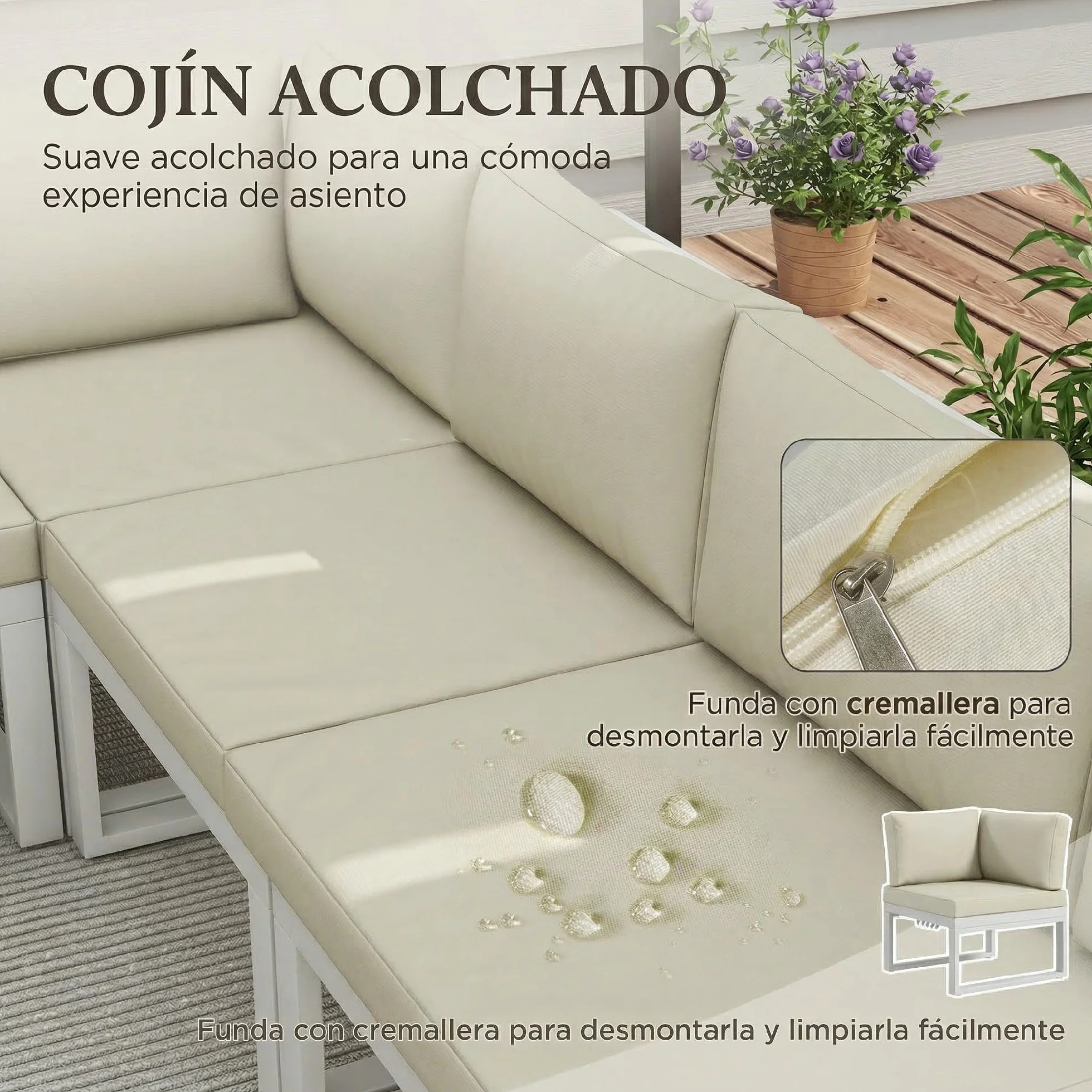 Outsunny Conjunto de Muebles de Jardín Exterior 4 Piezas Juego de Muebles de Terraza Incluye 2 Sofás Dobles 1 Sofá Esquinero Reclinable y Mesa de Centro Mesita Lateral con Cojines para Patio Crema