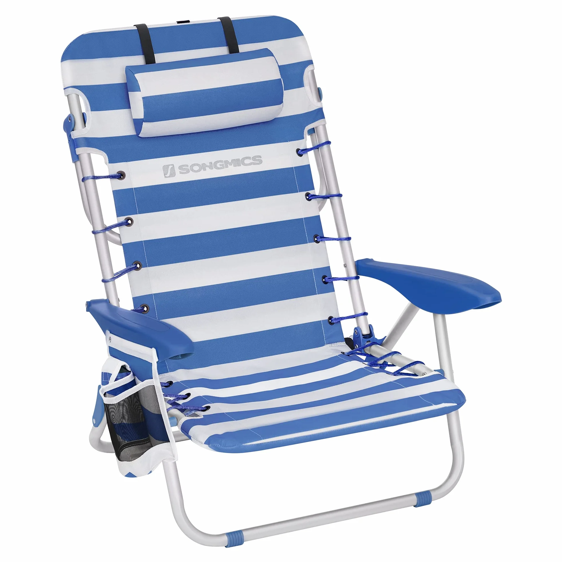 SONGMICS - Silla de Playa, Silla Plegable para Camping, con Correa, Respaldo Ajustable, reposacabezas, apoyabrazos, 2 Fundas Laterales, Azul y Blanco GCB62BU