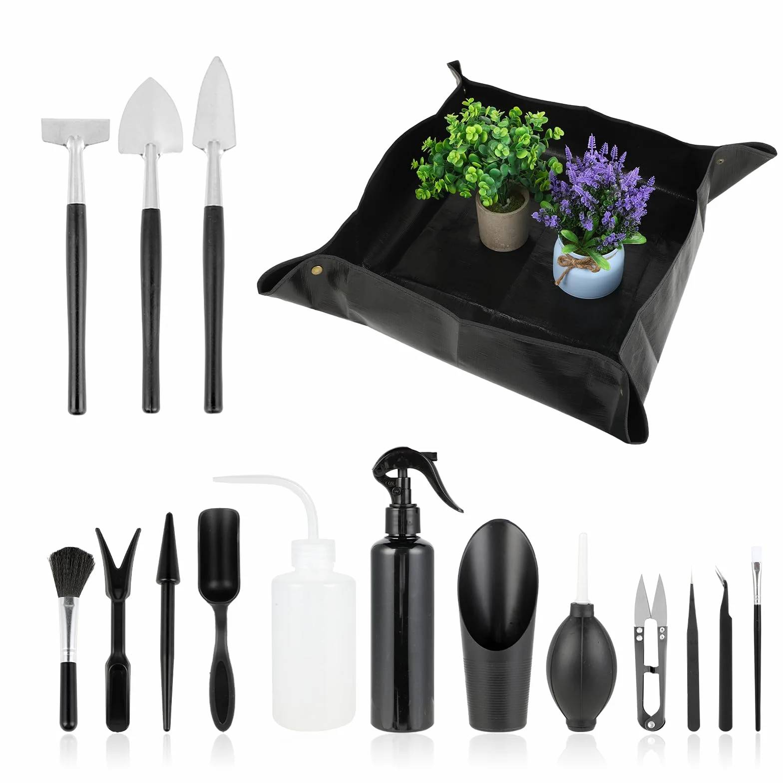 Herramientas jardineria Kit Bonsai Herramientas Bonsai de 16 Piezas Incluye tapete de trasplante Plegable 68x68cm Adecuado para el Cuidado de Plantas de Interior y Exterior
