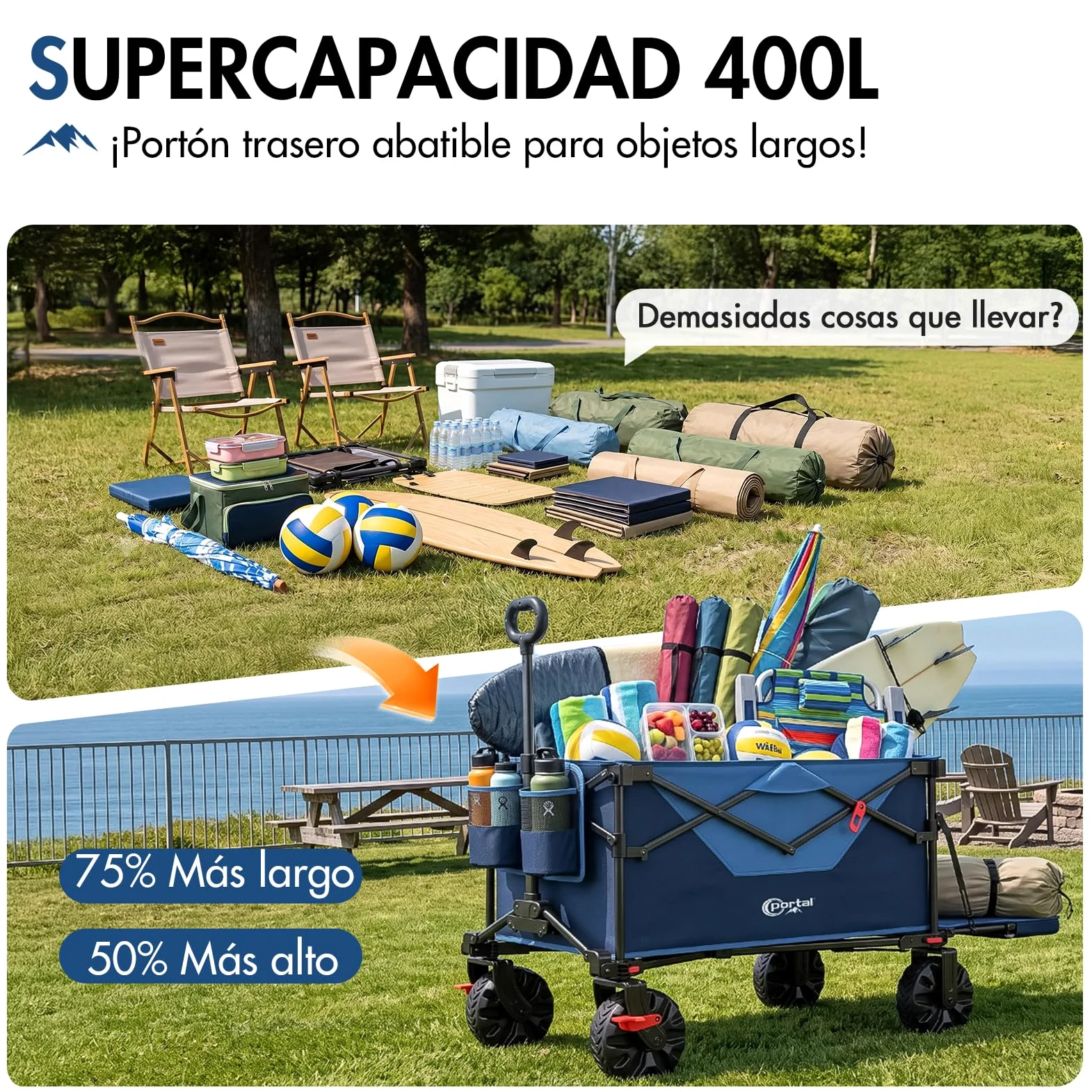 Portal Carro Playa Plegable XXL 400L – Carro Plegable de Playa con Ruedas Grandes y Portón Trasero Abatible, Capacidad 210 kg, con Freno – Vagón para Camping, Jardín y Festivales