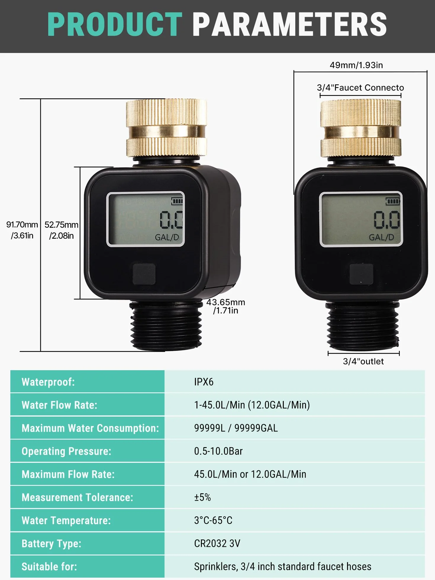 VOBOR Medidor de Flujo de Agua Digital con 4 Modos de Control de Consumo, Pantalla Giratoria 180° y Rosca de Latón, para Mangueras de Jardín, Caravanas, Aspersores y Boquillas de Riego