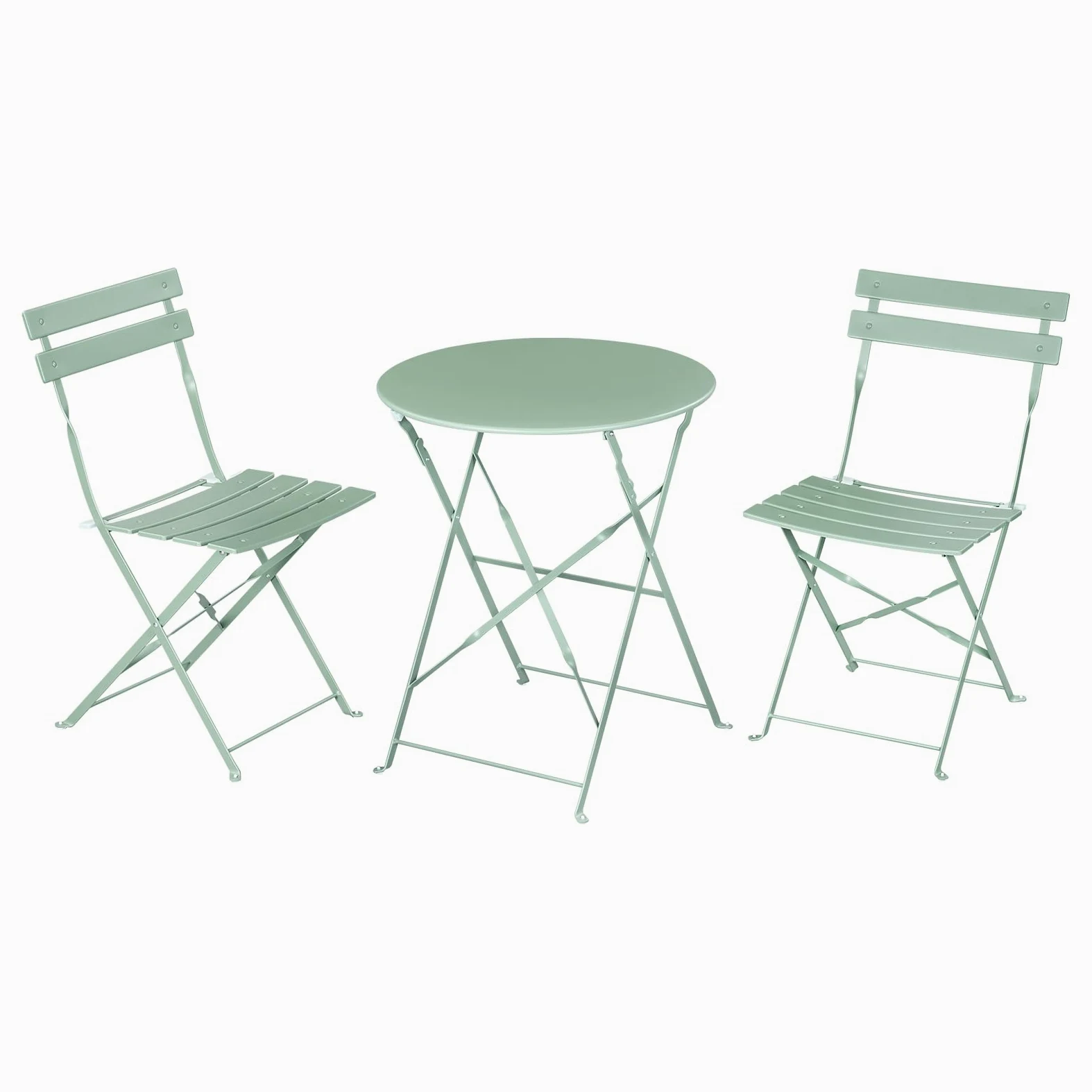 eSituro Conjunto Muebles Jardín, Mesa y 2 Sillas Plegables de Terraza, Muebles para Bistró, Balcón, Patio y Exterior, Metal Resistente, Verde