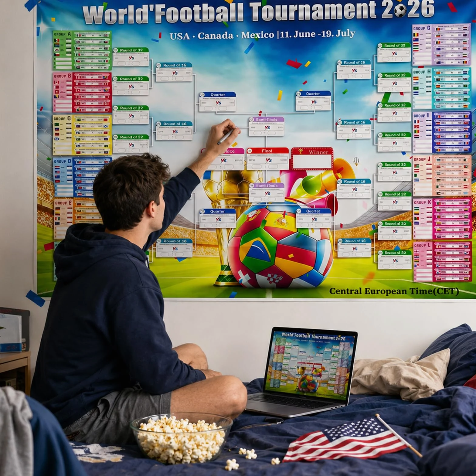 Efymosce Poster Calendario de la Copa del Mundo de Fútbol 2026, 150x100cm, Planificador para Bar